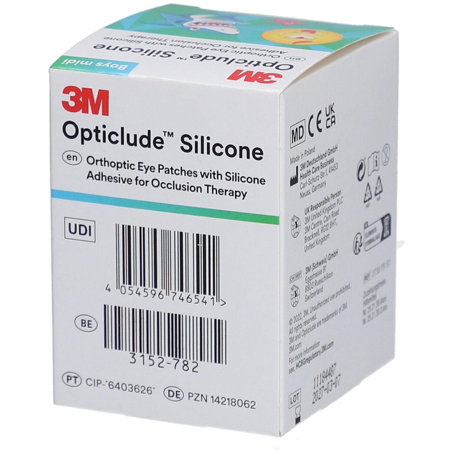 Verpackung von 3M Opticlude Silicone. Barcode, UDI-Code, Informationen zum Hersteller und Recycling-Symbolen.