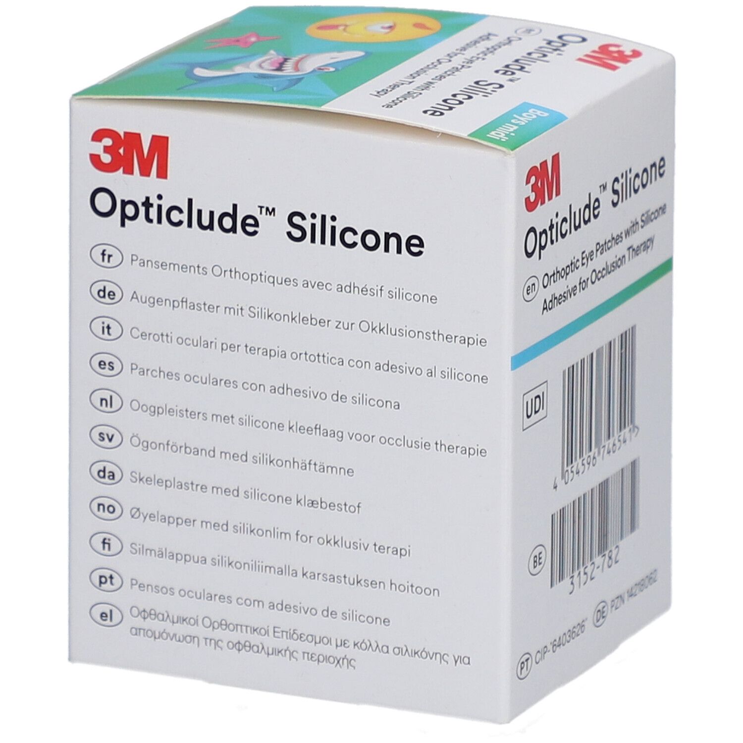 Verpackung von 3M Opticlude Silicone. Mehrsprachige Beschriftung, UDI-Code und Informationen zum Hersteller.