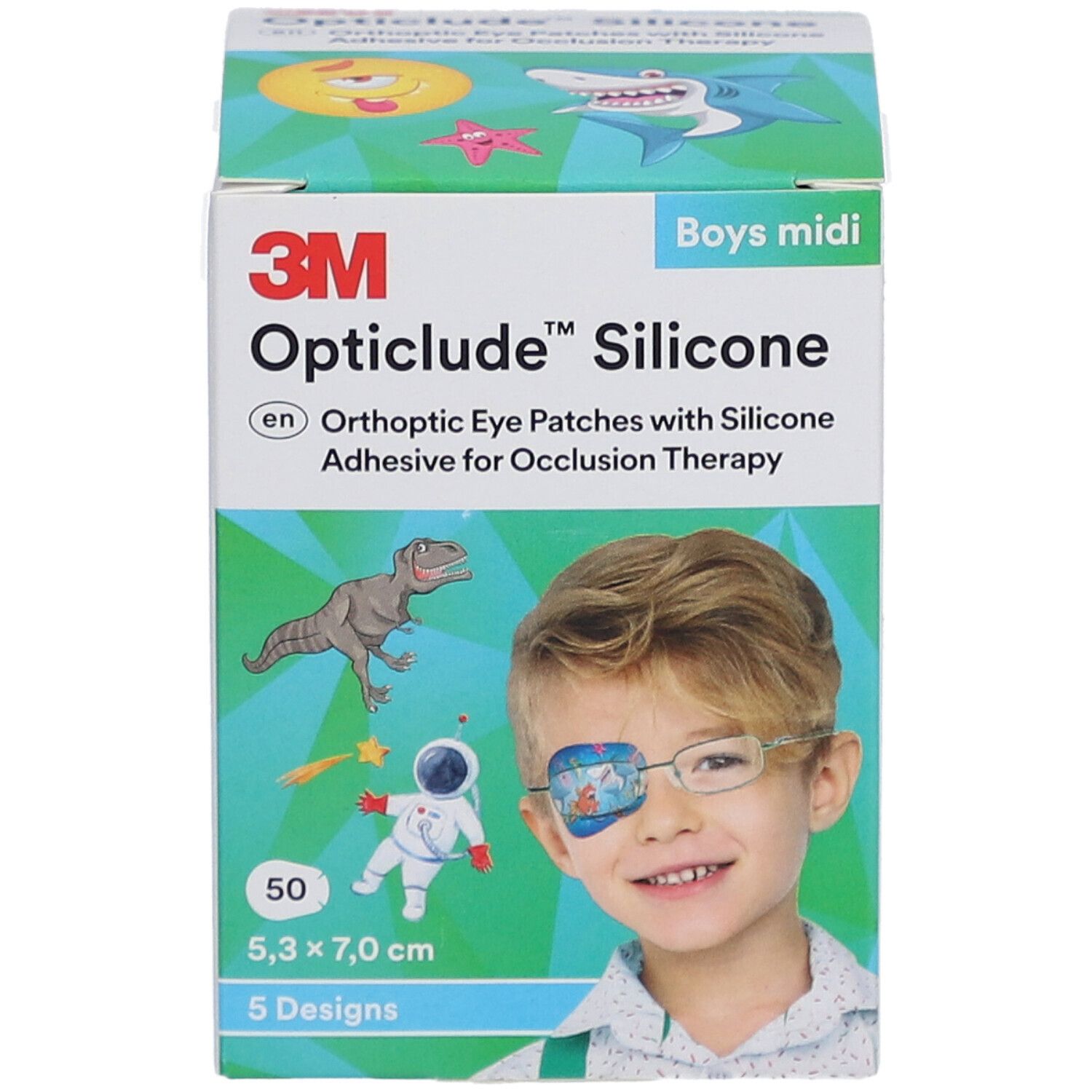 Vorderseite der Verpackung von 3M Opticlude Silicone. Aufdruck: 50 Stück, 5,3 x 7,0 cm, 5 Designs. Junge mit Augenpflaster.
