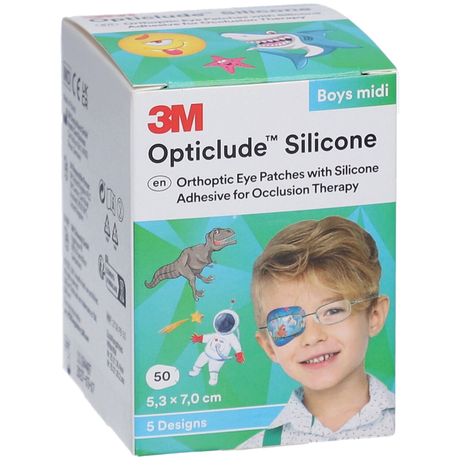 Verpackung von 3M Opticlude Silicone. Aufdruck: 50 Stück, 5,3 x 7,0 cm, 5 Designs. Junge mit Augenpflaster.