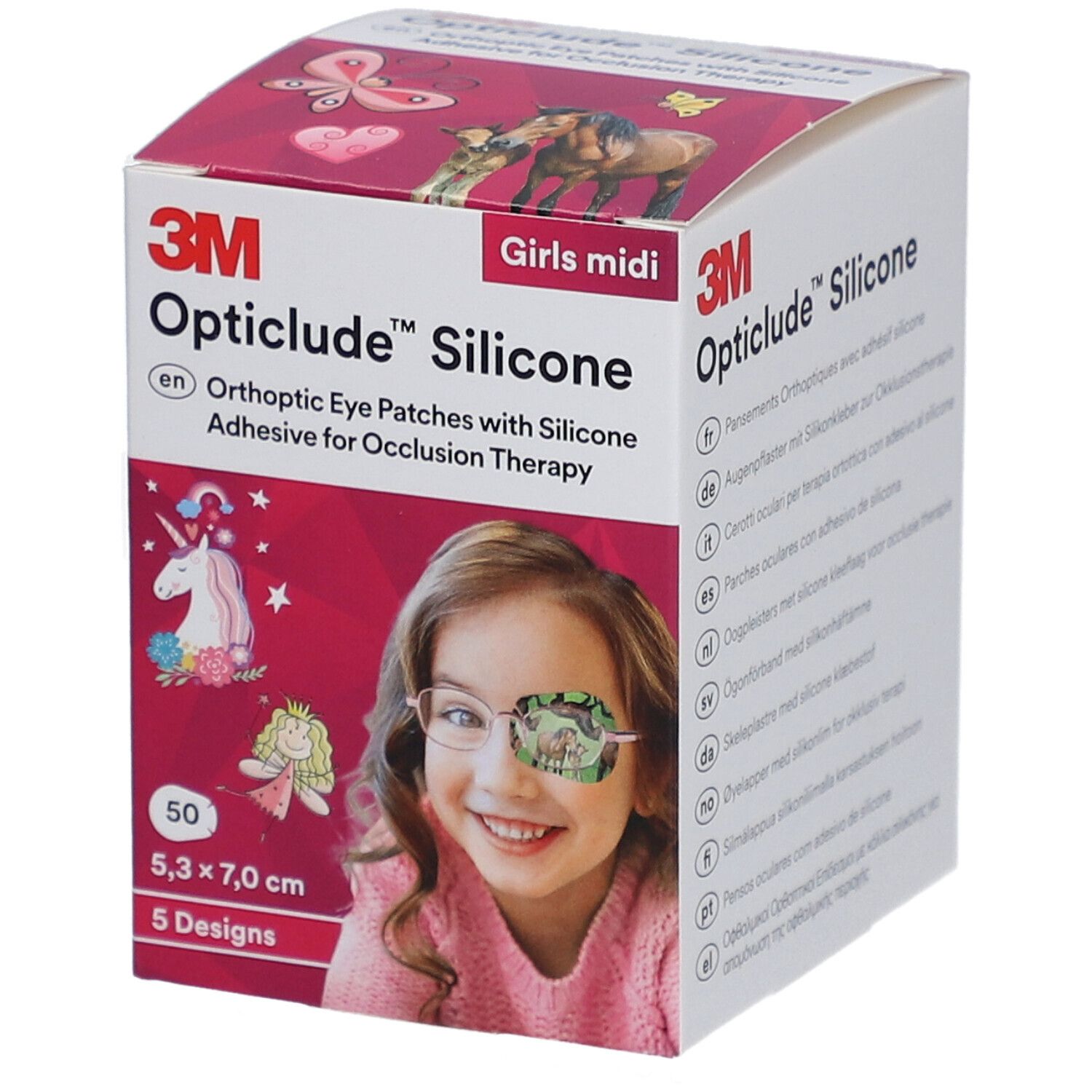 Verpackung von 3M Opticlude Silicone Augenpflastern. Enthält 50 Pflaster, 5,3 x 7,0 cm, 5 Designs. Mädchen-Midi-Größe.