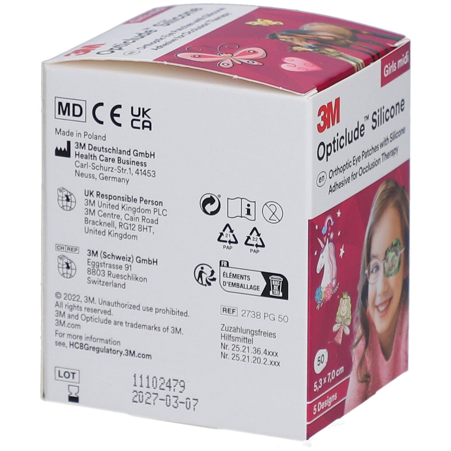 Verpackung von 3M Opticlude Silicone Augenpflastern. Enthält Informationen zu Hersteller, Chargennummer und Haltbarkeit.