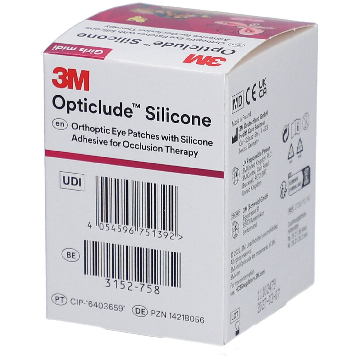 Verpackung von 3M Opticlude Silicone Augenpflastern. Mit Barcode und UDI-Code.