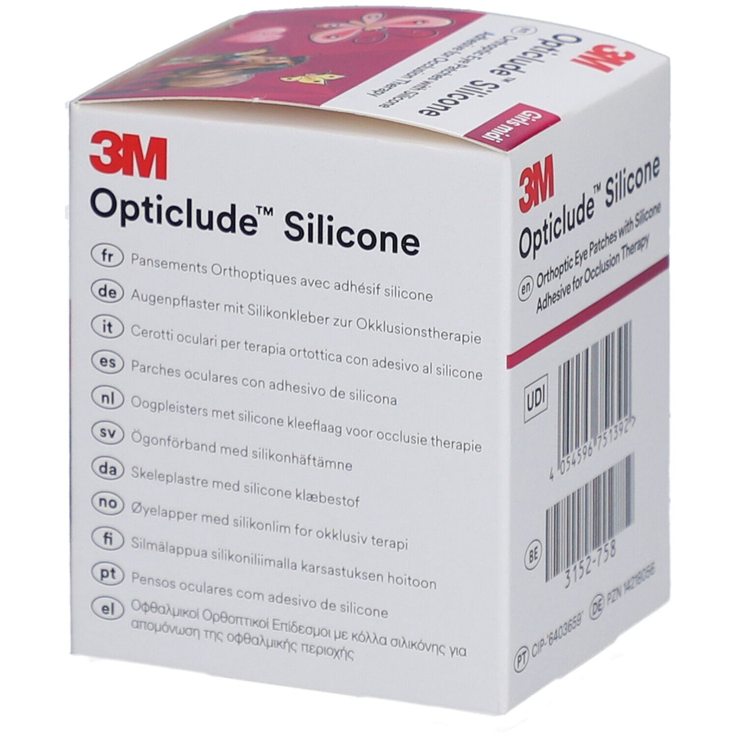 Verpackung von 3M Opticlude Silicone Augenpflastern. Mehrsprachige Produktbeschreibungen.
