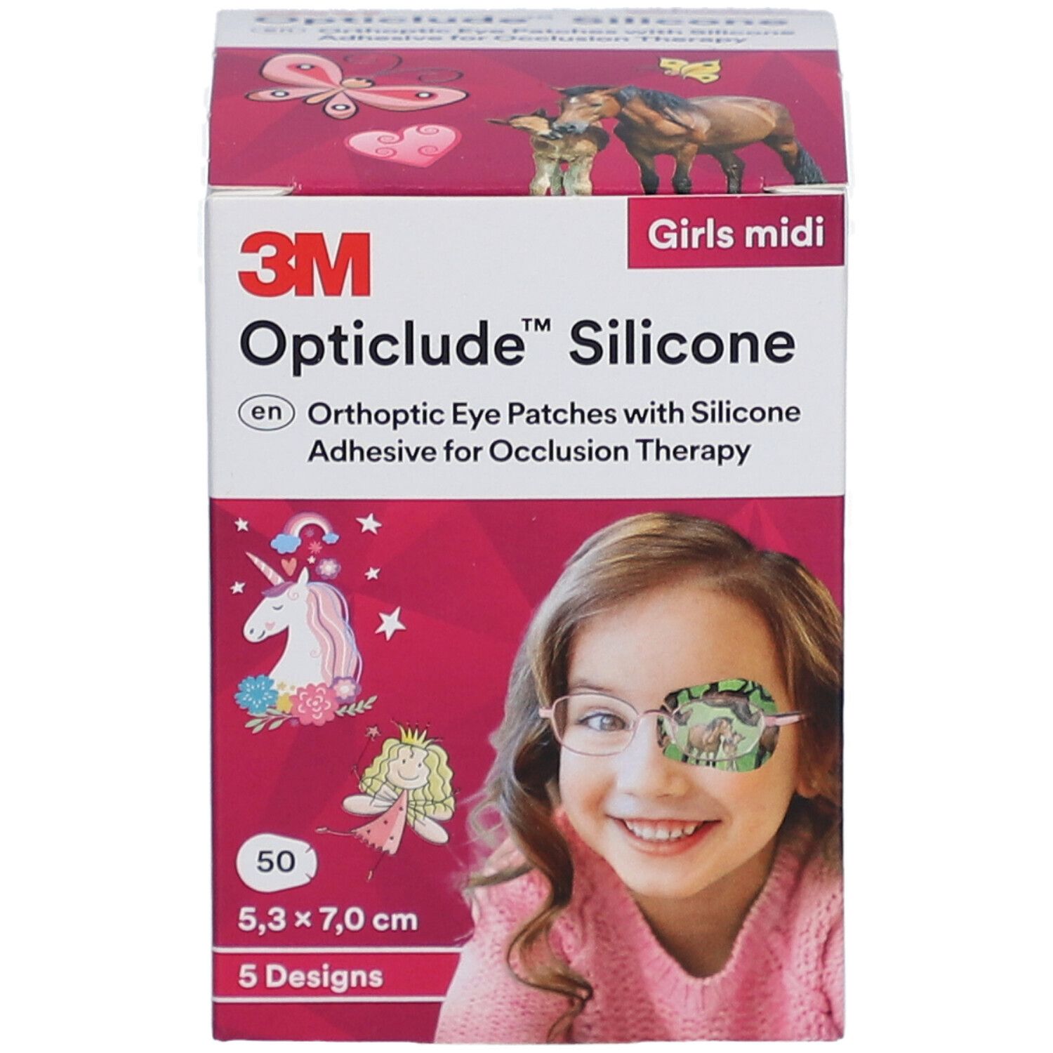 Verpackung von 3M Opticlude Silicone Augenpflastern. Enthält 50 Pflaster, 5,3 x 7,0 cm, 5 Designs. Mädchen-Midi-Größe.
