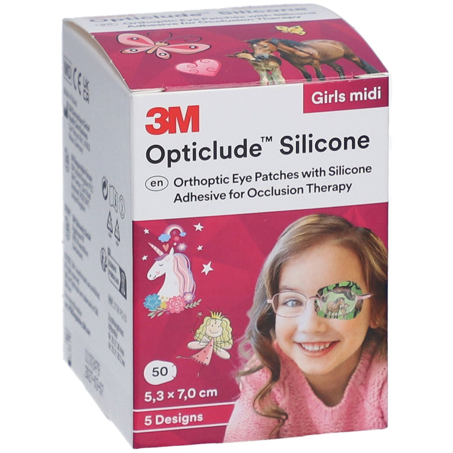 Verpackung von 3M Opticlude Silicone Augenpflastern. Enthält 50 Pflaster, 5,3 x 7,0 cm, 5 Designs. Mädchen-Midi-Größe.