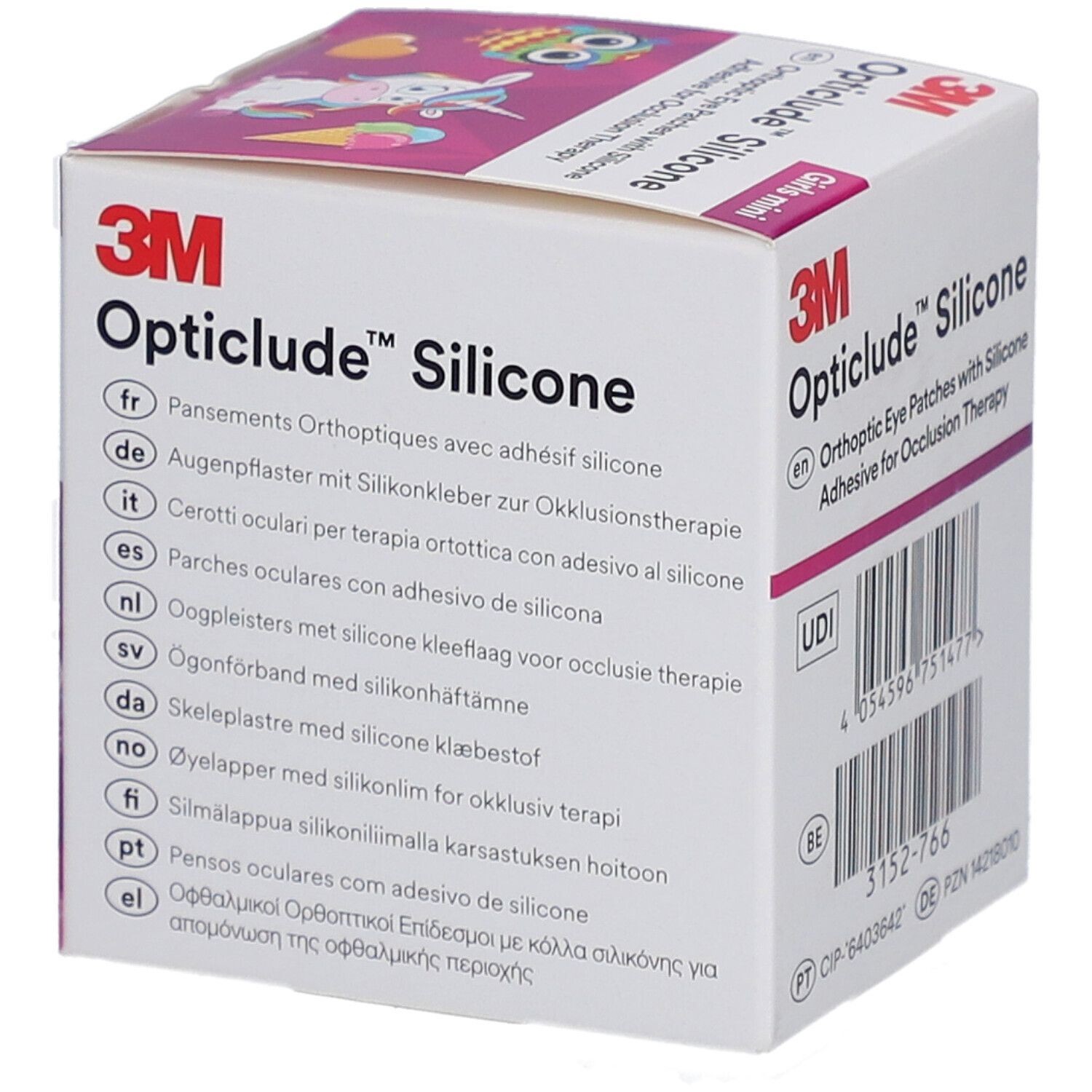 Verpackung von 3M Opticlude Silikon-Augenpflastern. Mehrsprachige Produktbeschreibung.