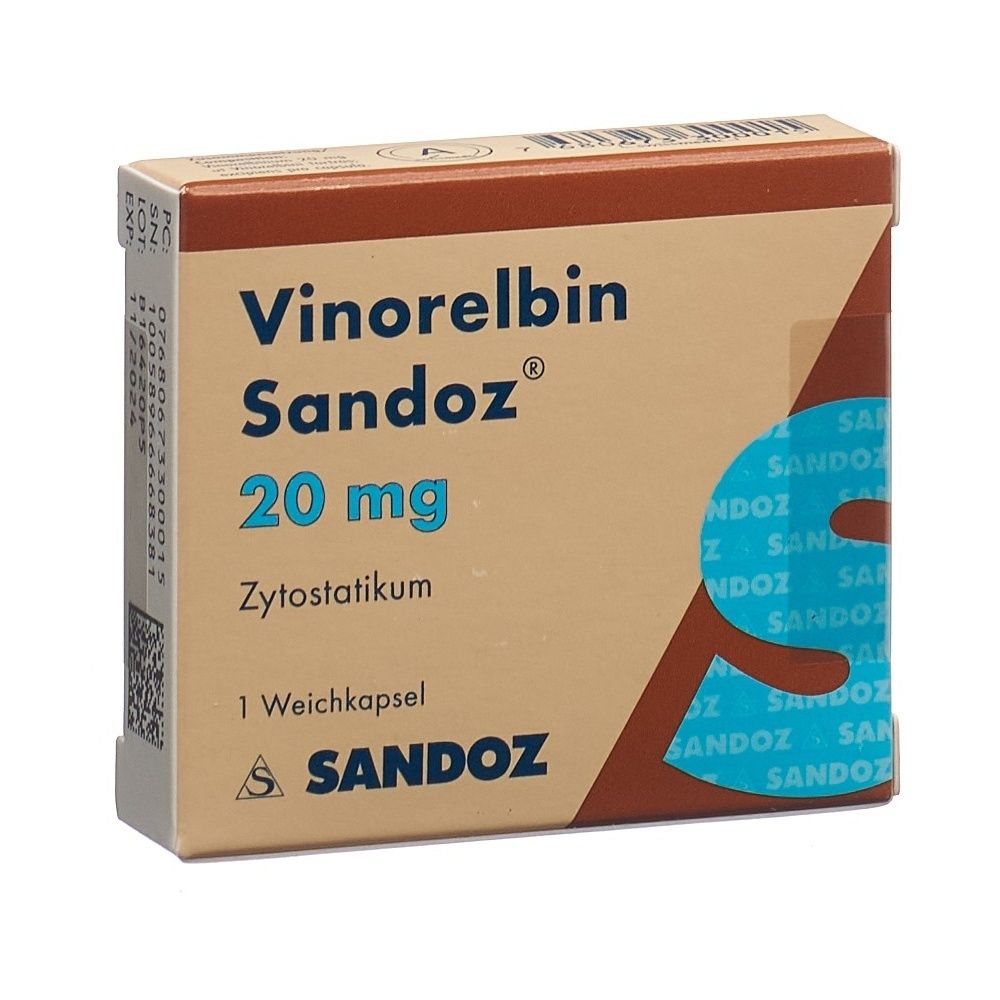 Karton mit Produktaufdruck. Aufschrift: Vinorelbin Sandoz 20 mg. Logo von Sandoz.