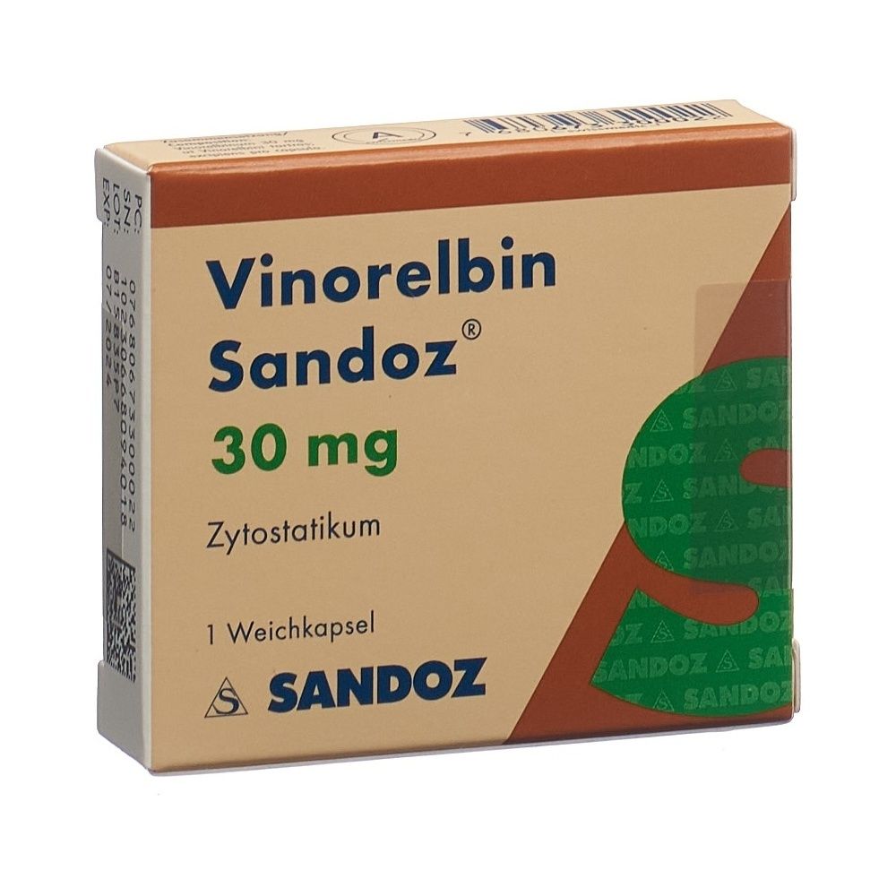 Karton von Vinorelbin Sandoz 30 mg. Aufschrift: Vinorelbin Sandoz 30 mg. Marke Sandoz. Braune, grüne und weiße Farben.