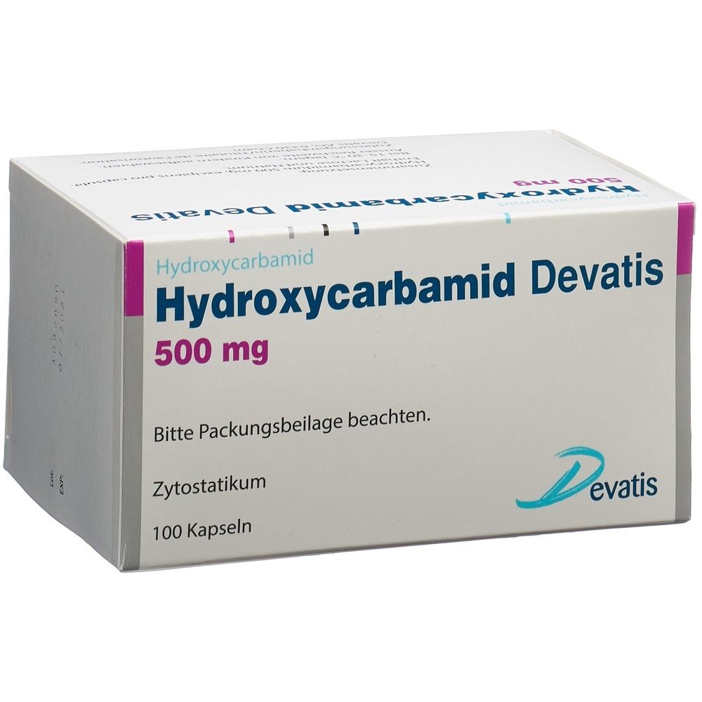 Karton mit der Aufschrift Hydroxycarbamin Devatis, 500 mg. Verpackung mit weißem Hintergrund.