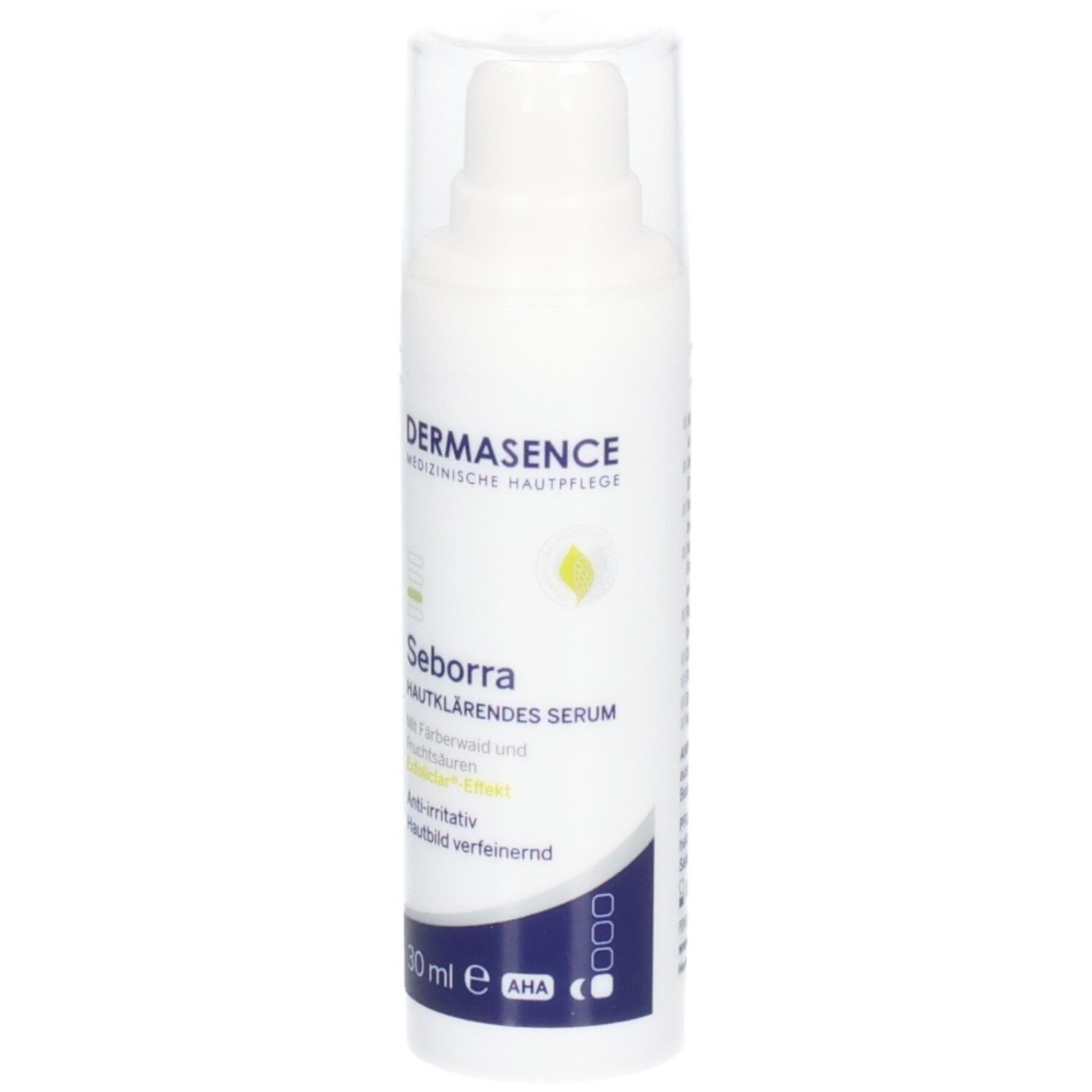Weiße Flasche mit Dosierpumpe. Aufdruck: DERMASENCE, Seborra Hautklärendes Serum. 30 ml, AHA-Symbol.