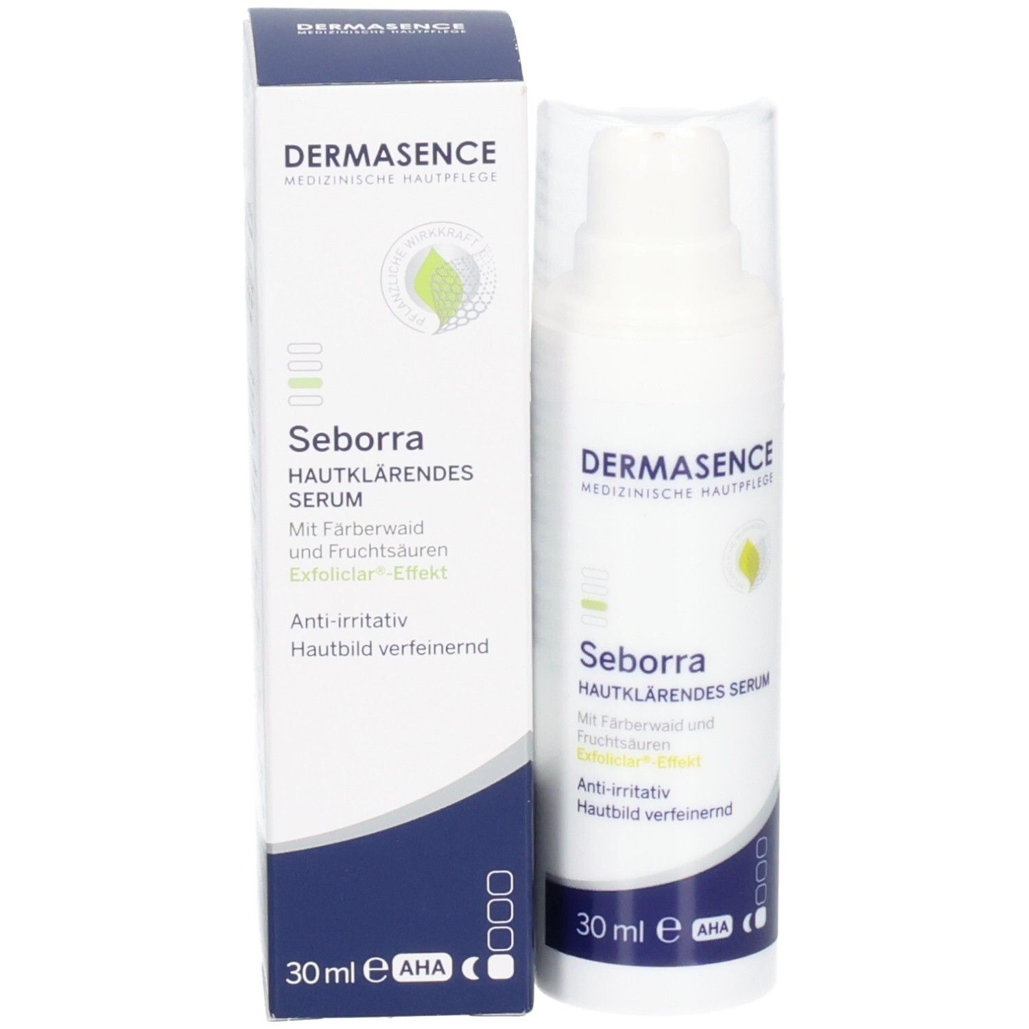 Produktflasche und Verpackung. Aufdruck: DERMASENCE, Seborra Hautklärendes Serum. 30 ml, AHA-Symbol.