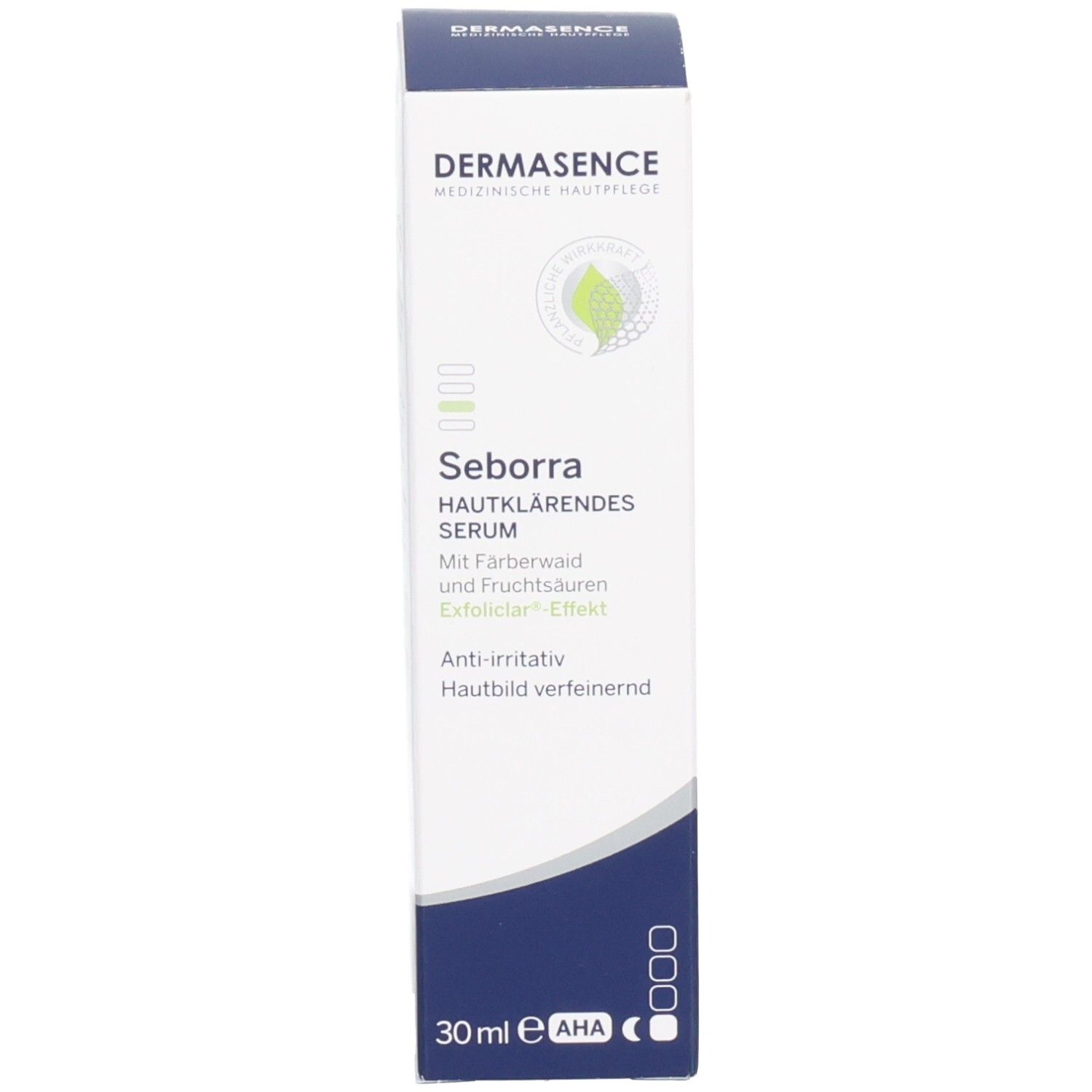 Produktverpackung. Aufdruck: DERMASENCE, Seborra Hautklärendes Serum. 30 ml, AHA-Symbol.
