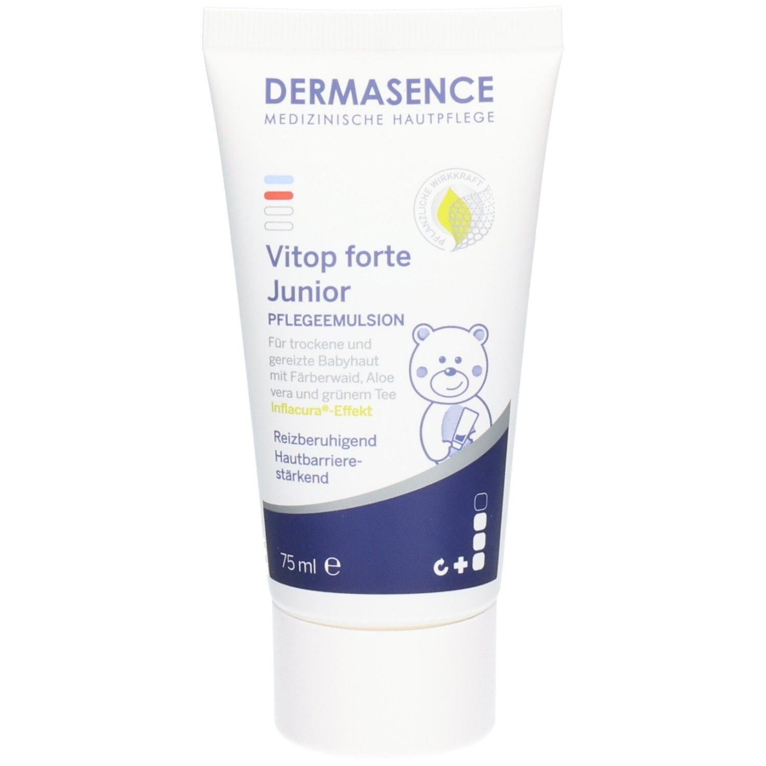 Tube Dermasence Vitop forte Junior Emulsion de soin, 75ml. Pour peau de bébé sèche et irritée.