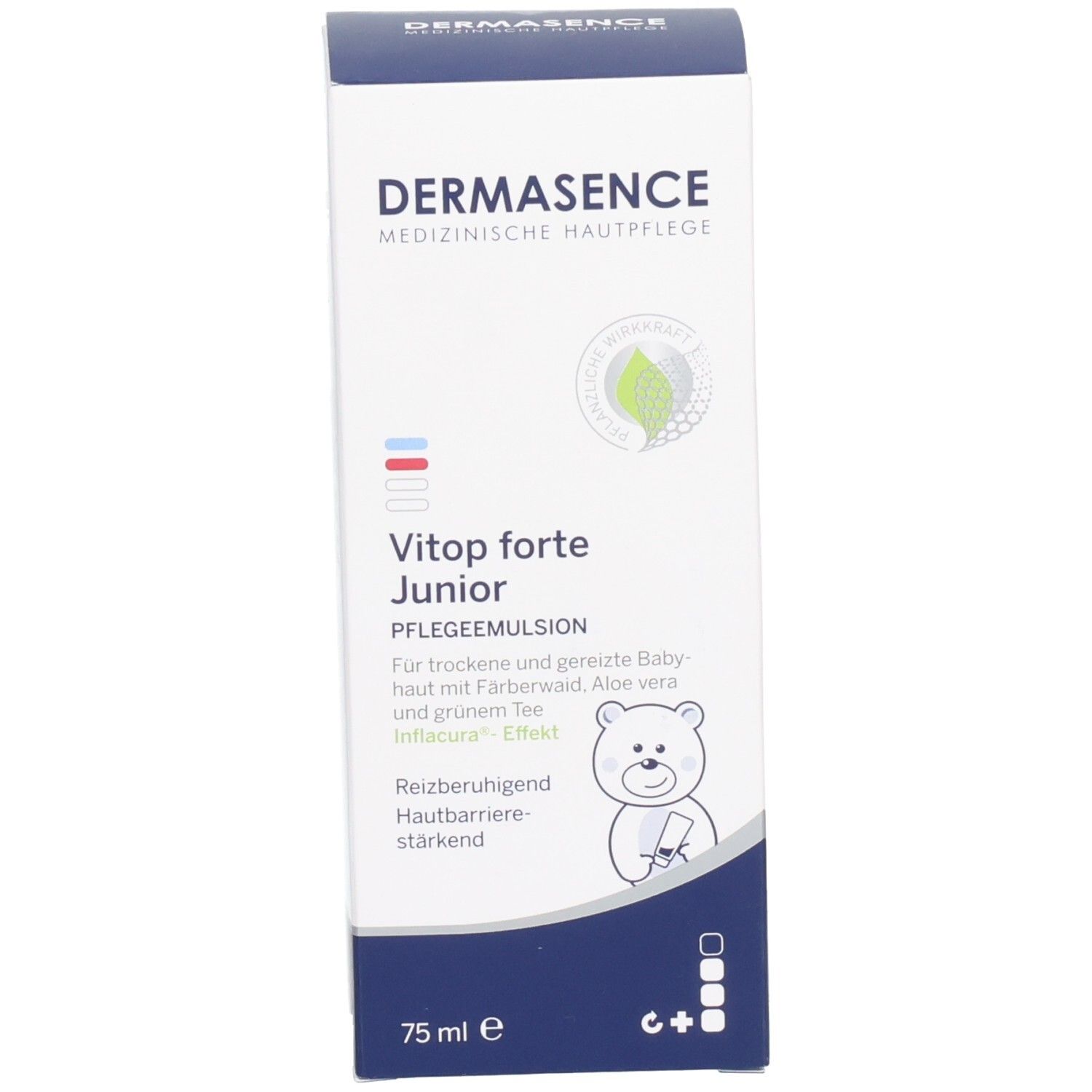 Avant de la boîte Dermasence Vitop forte Junior Emulsion de soin, 75ml.