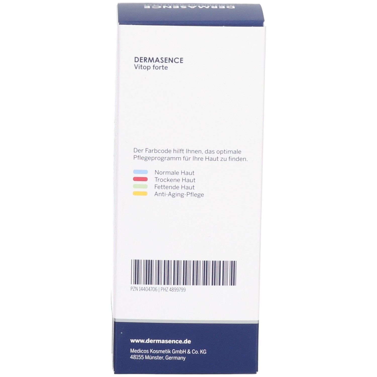 Vue latérale de la boîte Dermasence Vitop forte Junior avec codes couleur pour types de peau.