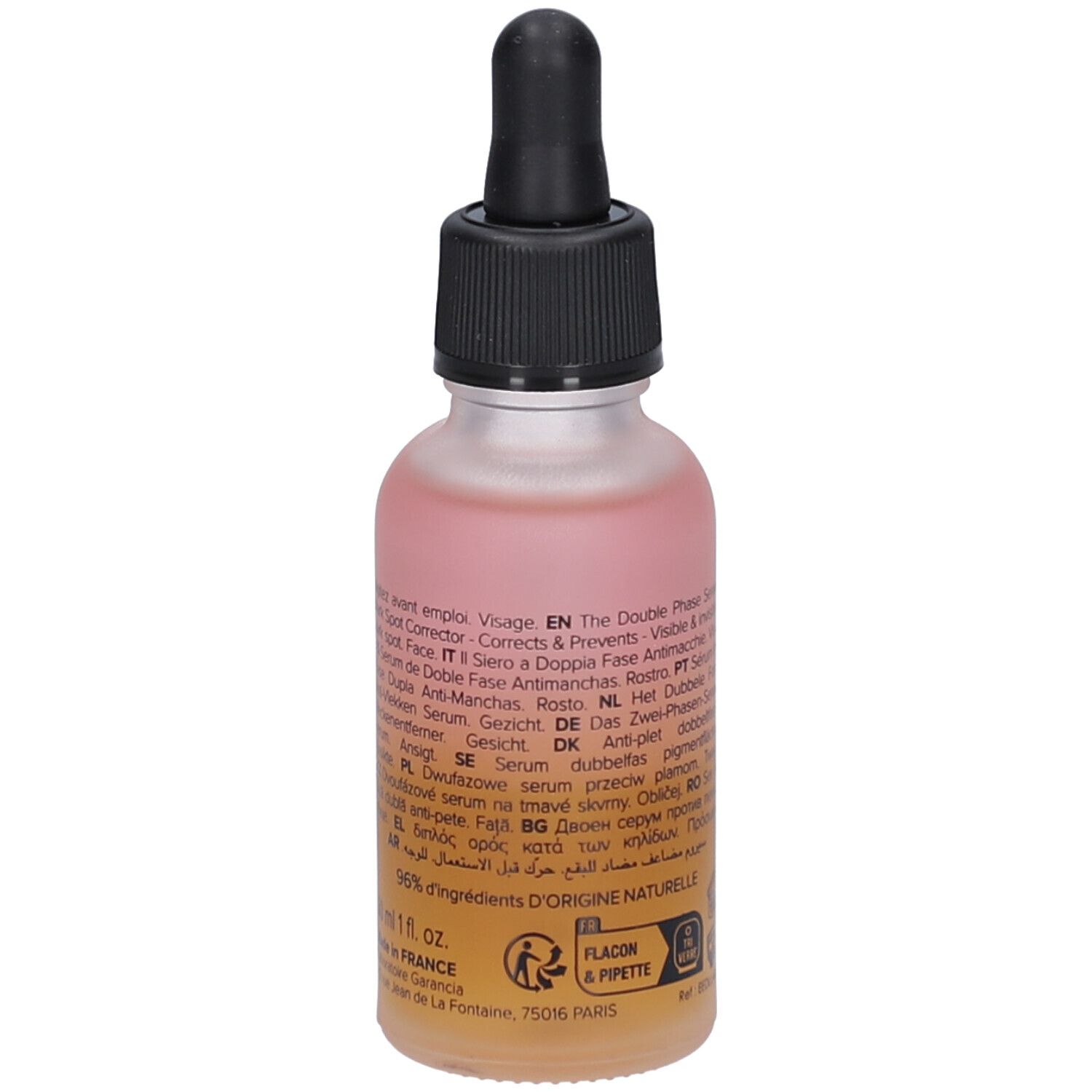 Garancia Serumflasche mit Pipette. Rückseite mit Text in mehreren Sprachen. Rosa-gelbe Flüssigkeit.