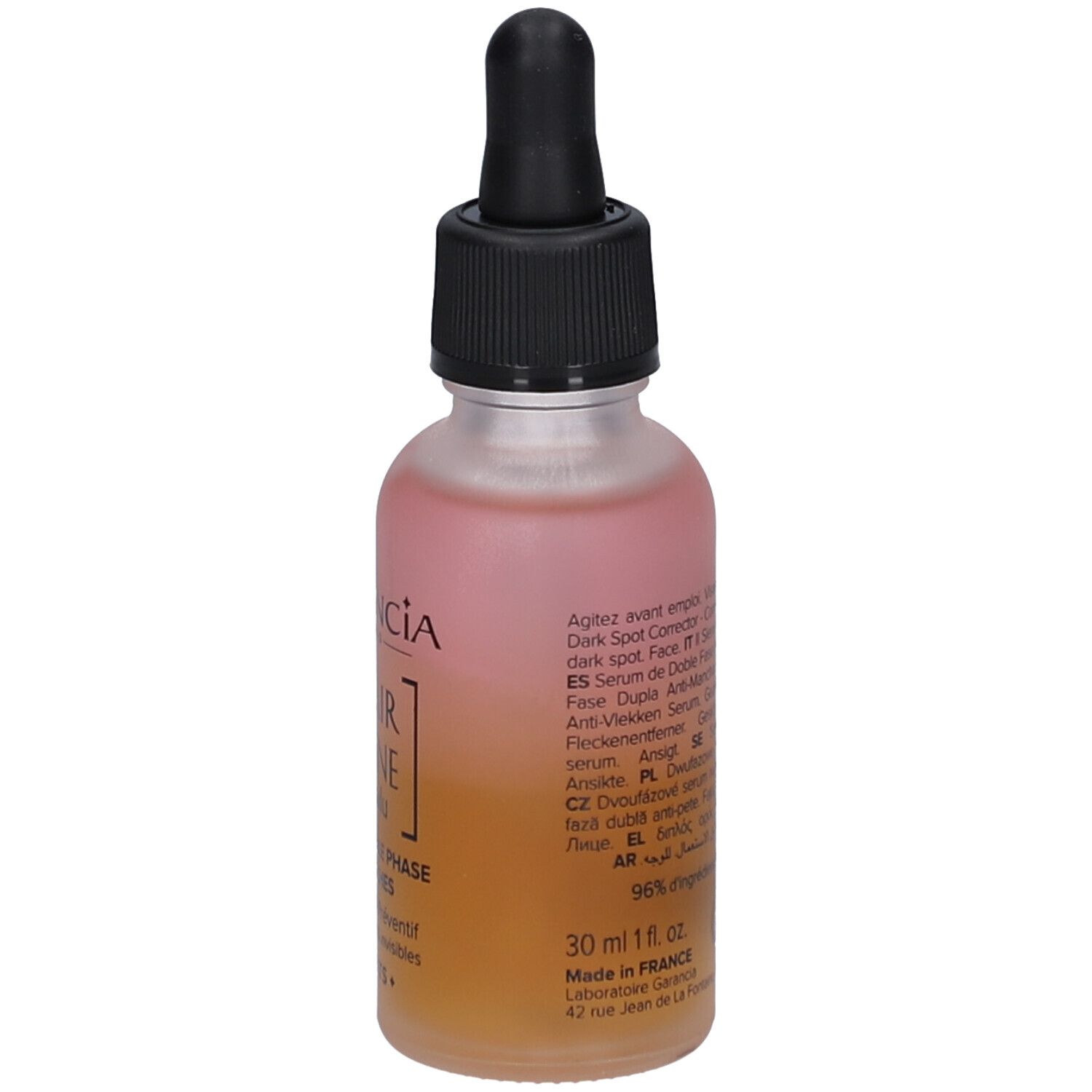 Garancia Serumflasche mit Pipette. Rückseite mit Text in mehreren Sprachen. Rosa-gelbe Flüssigkeit. 30 ml.