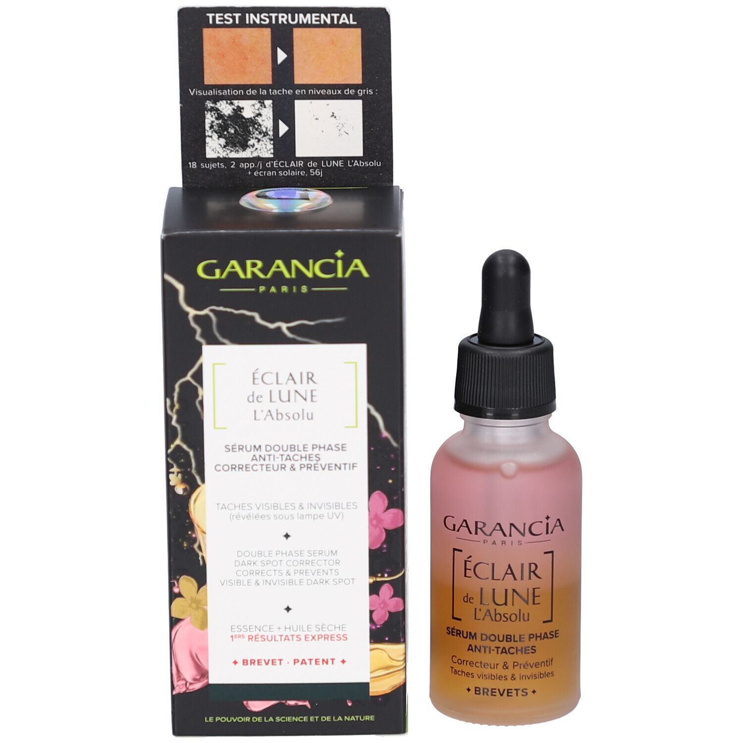 Garancia Serumflasche und Verpackung. Rosa-gelbe Flüssigkeit. Schwarzer Deckel. Text: Éclair de Lune, Anti-Taches.