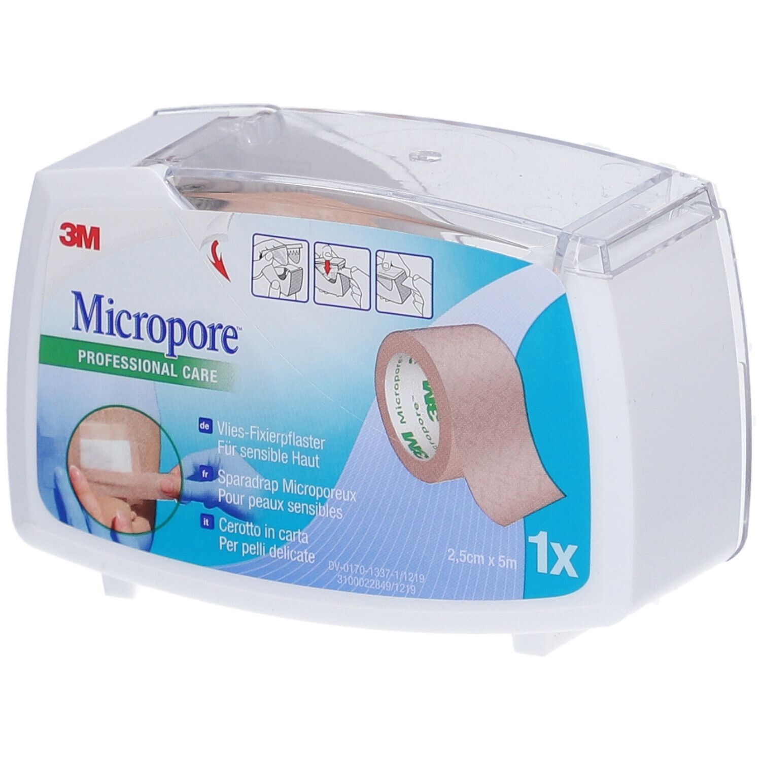 Beige 3M Micropore Pflaster in weißer Verpackung. Rolle mit 2,5 cm x 5 m. Professionelle Pflege. 1x Packung.