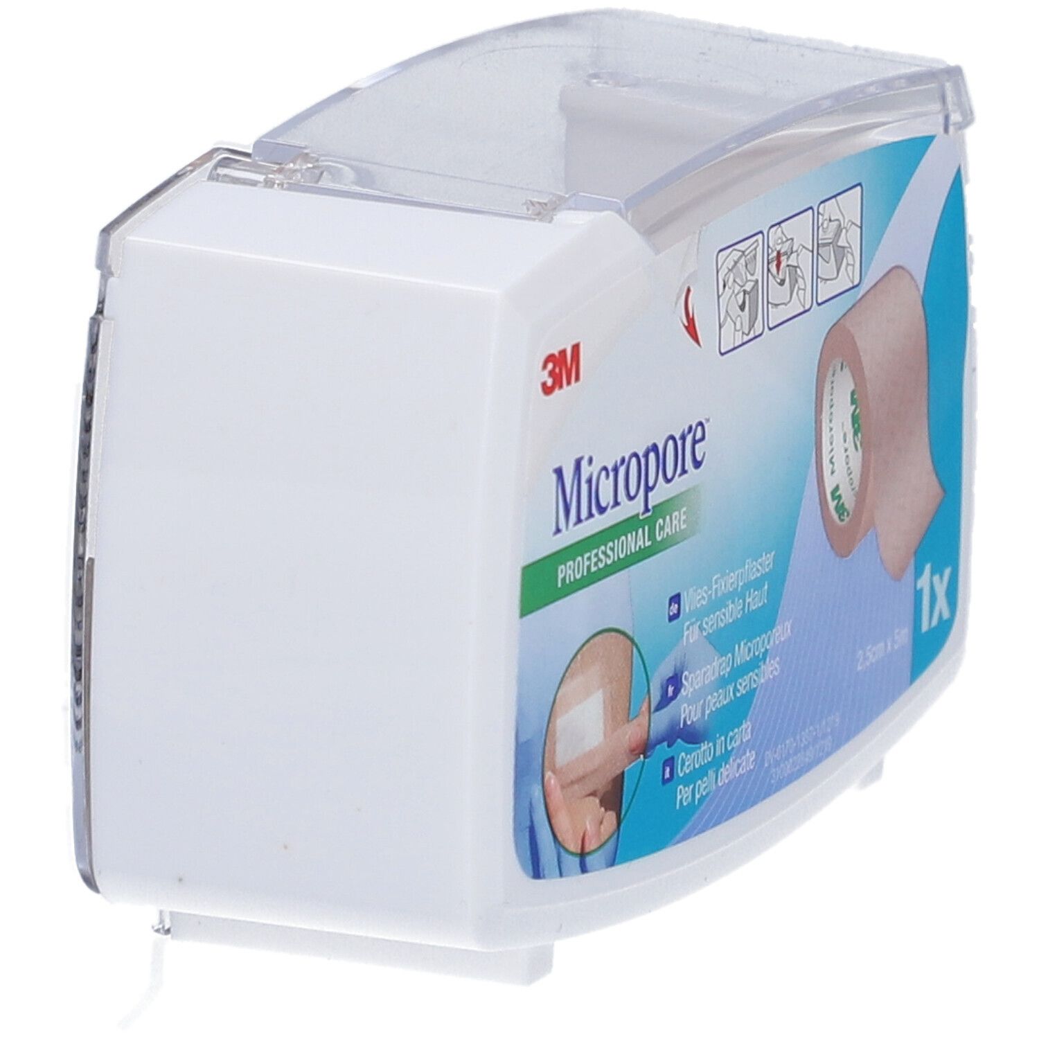 3M Micropore Pflaster in weißer Verpackung. Rolle sichtbar. Professionelle Pflege. 1x Packung. Transparentes Oberteil.