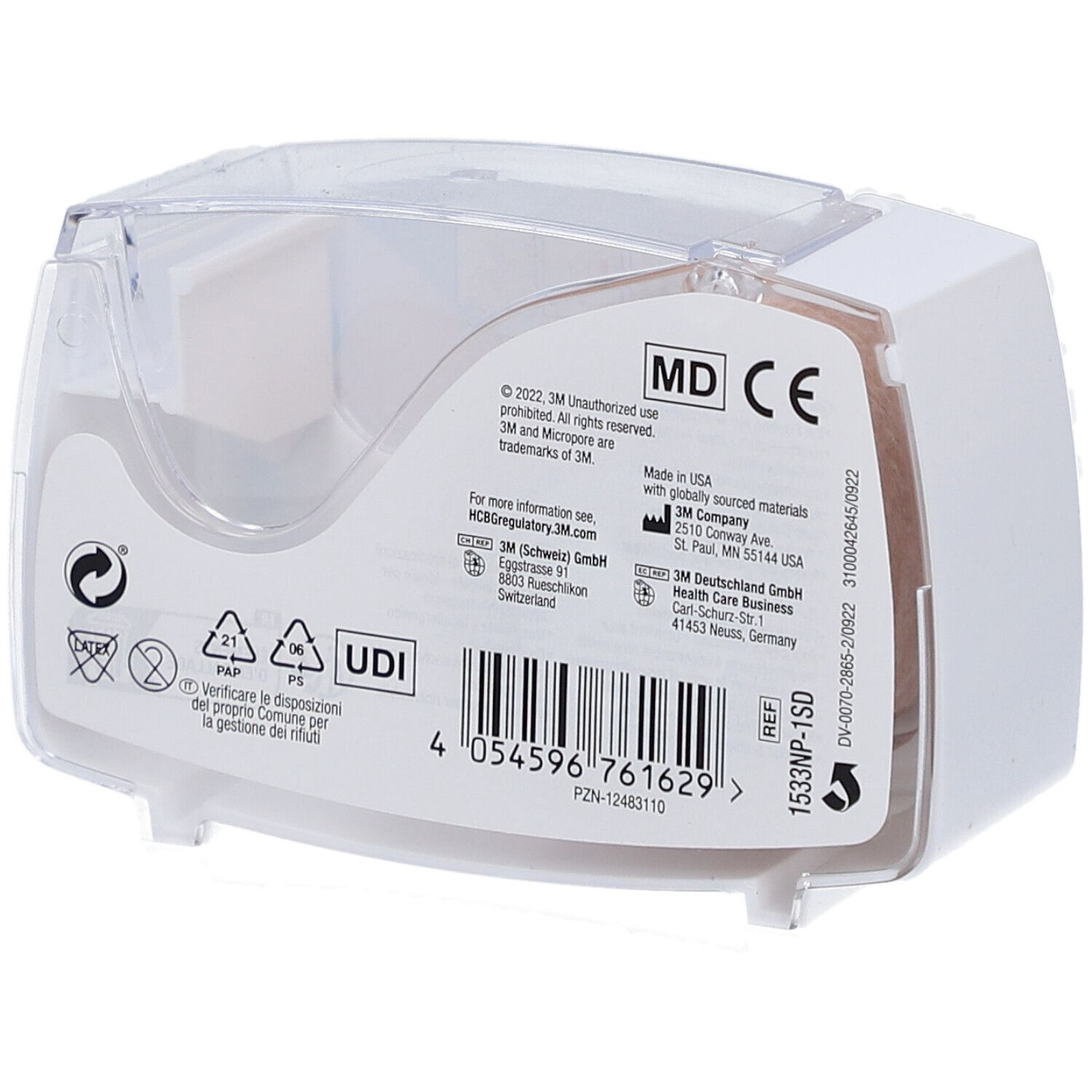 Rückseite der 3M Micropore Verpackung. Informationen, Barcode, MD CE-Kennzeichnung, Recycling-Symbole, UDI-Code.