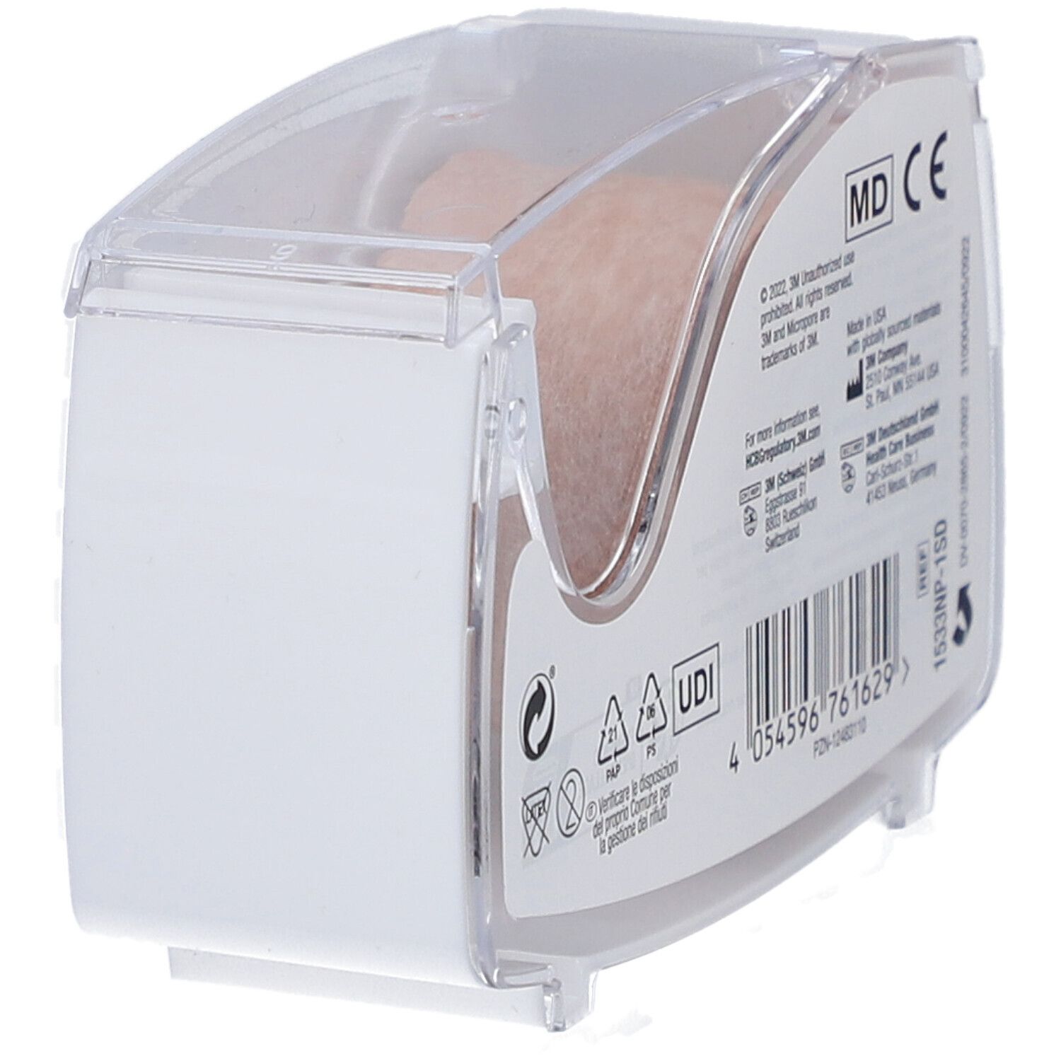 3M Micropore Pflaster in Verpackung. Rolle sichtbar. MD CE-Kennzeichnung. Recycling-Symbole. UDI-Code. Transparente Abdeckung.