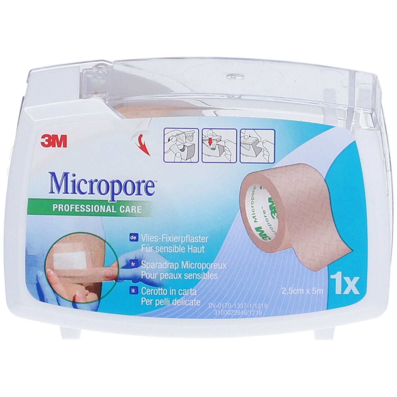 3M Micropore Pflaster in weißer Verpackung. Rolle sichtbar. Professionelle Pflege. 1x Packung. Beige Pflaster.