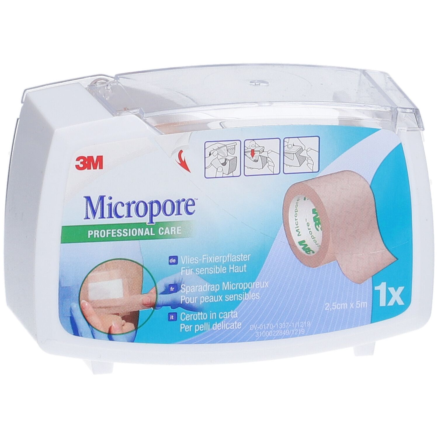 3M Micropore Pflaster in weißer Verpackung. Rolle sichtbar. Professionelle Pflege. 1x Packung. Beige Pflaster.