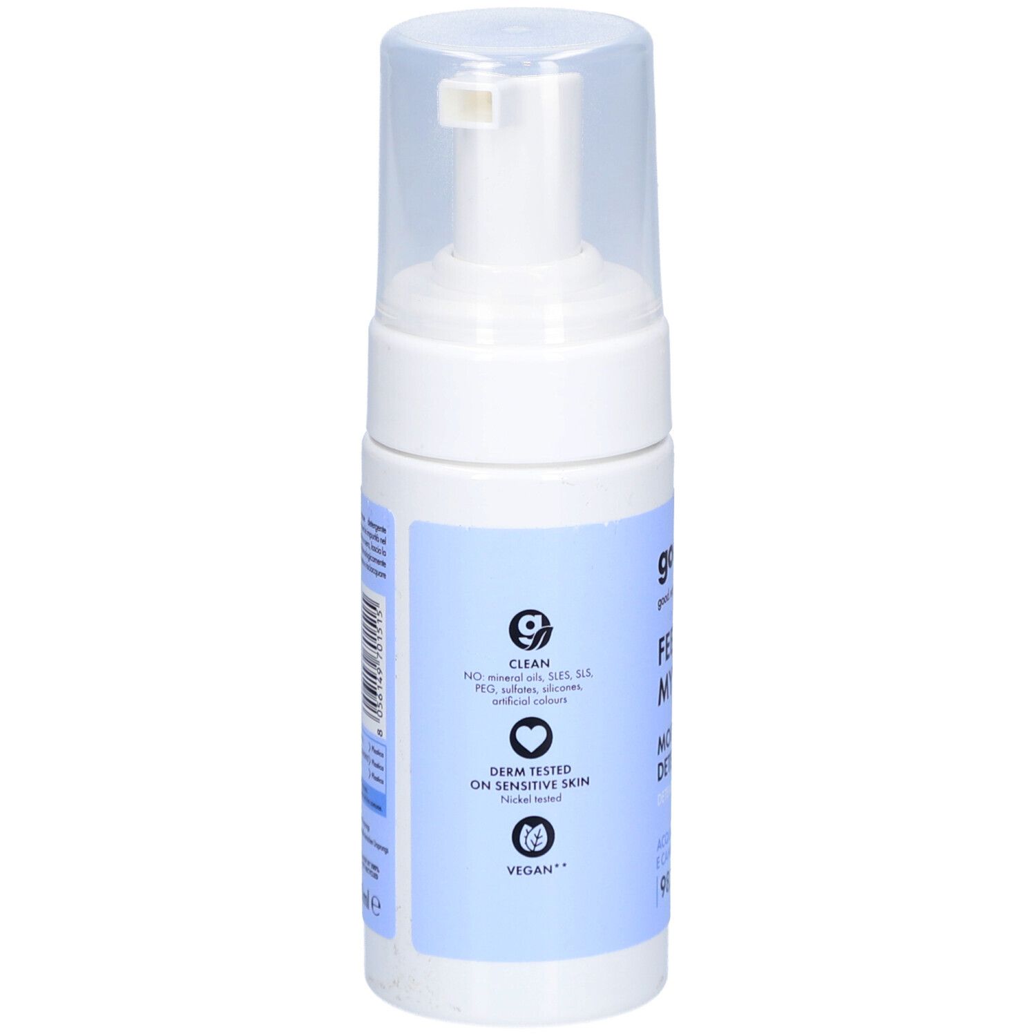 Dos du flacon blanc. Inscriptions: Clean, sans huiles minérales, SLES, PEG, colorants artificiels. Testé dermatologiquement. Vegan.