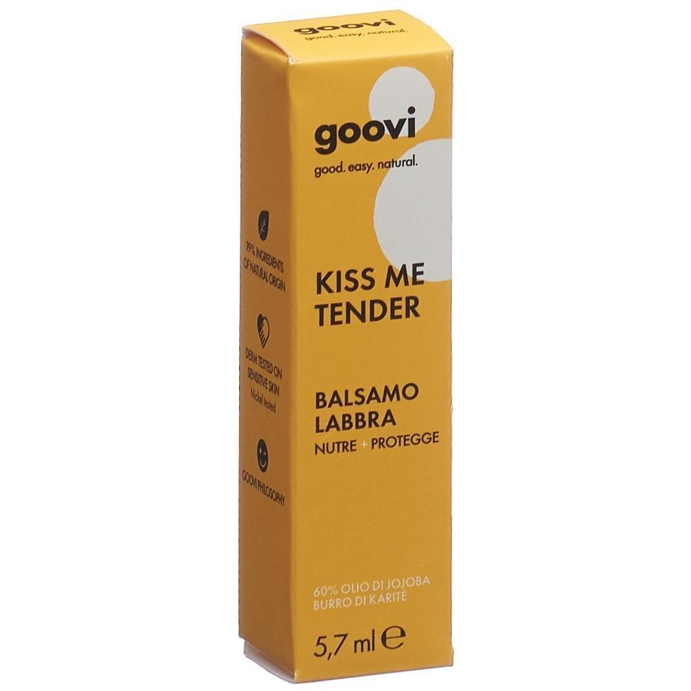Gelbe Verpackung mit Produktnamen "KISS ME TENDER" und "BALSAMO LABBRA". Enthält 5,7 ml.