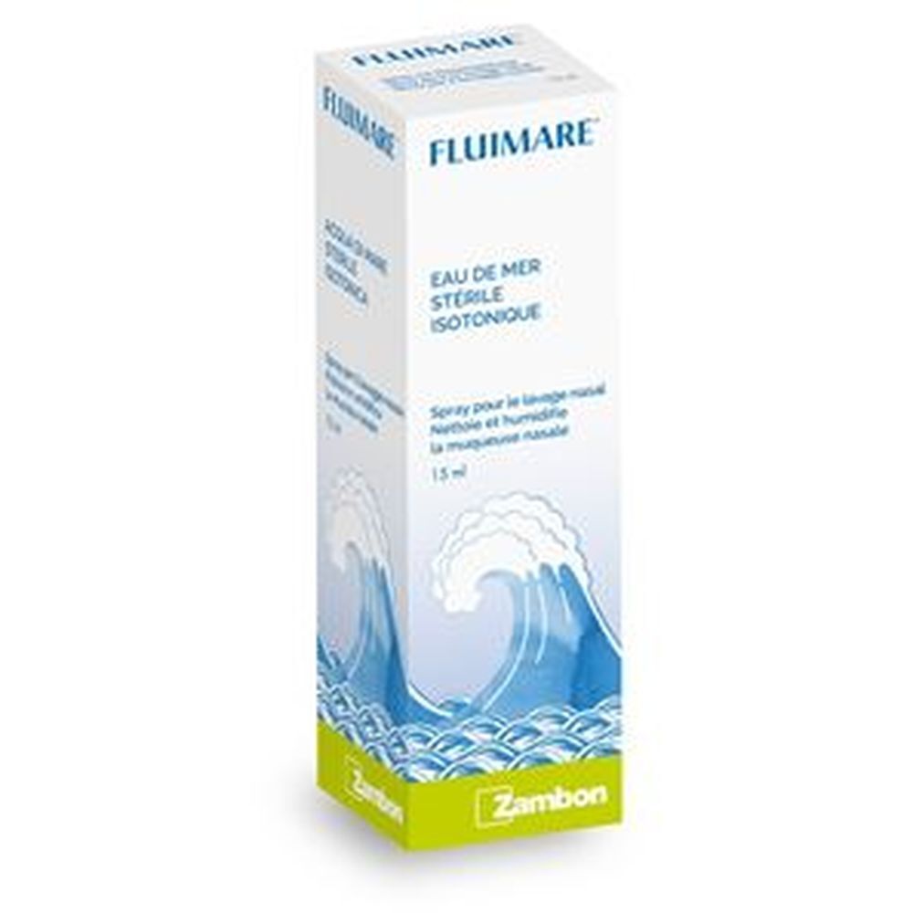 Verpackung von FLUIMARE Nasenspray mit Meereswellen-Design und Zampon-Logo.