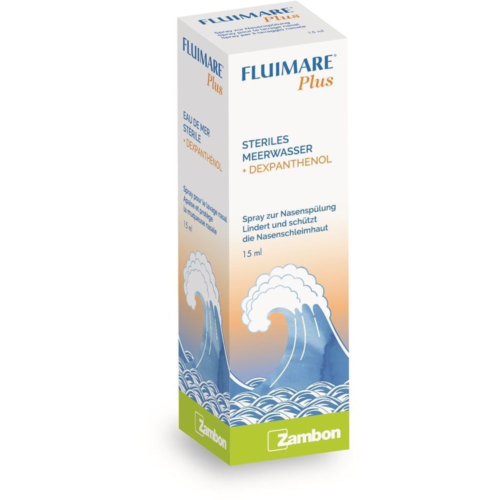 Verpackung und Flasche des Nasensprays FLUIMARE Plus mit Meerwasser und Dexpanthenol.