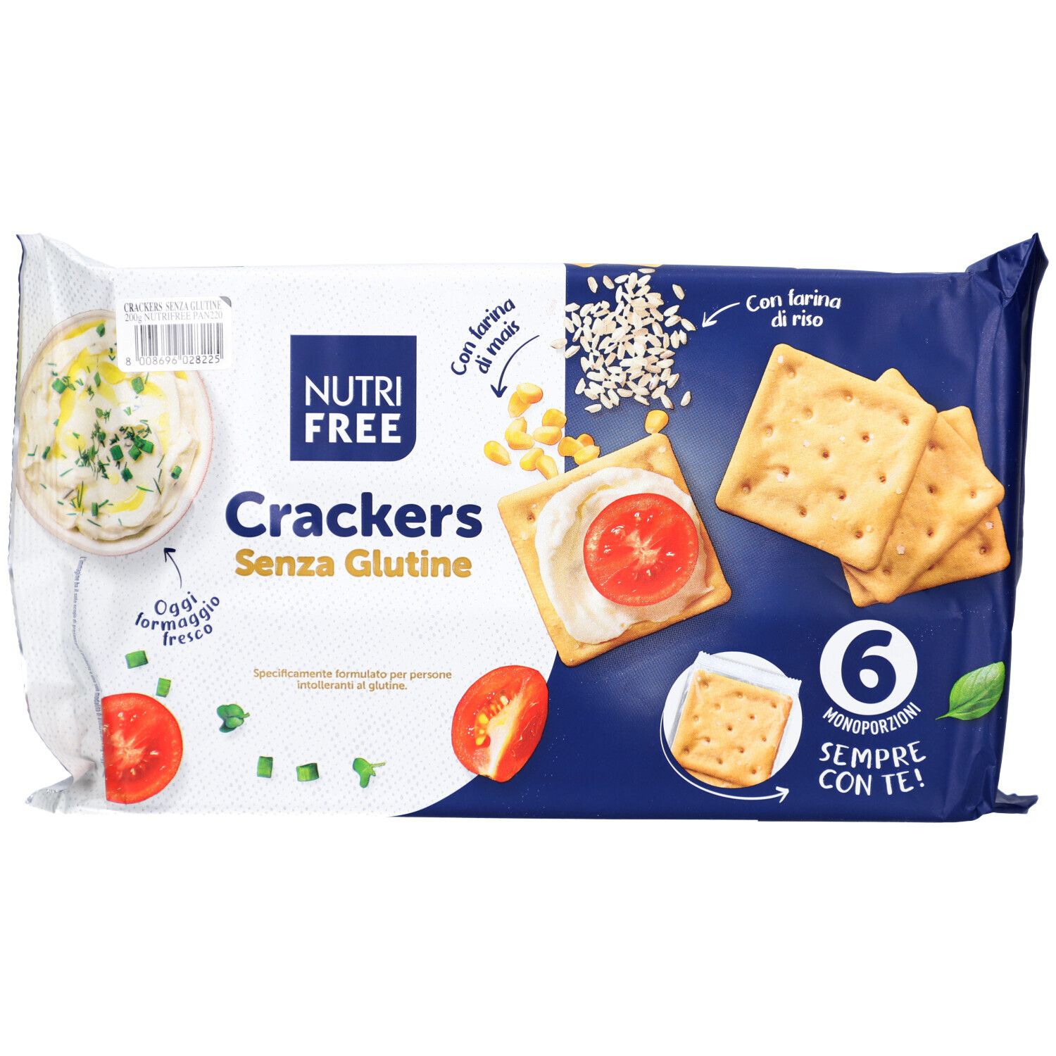 Paquet de crackers NUTRIFREE sans gluten. Visuel avec crackers et garniture. 6 portions individuelles. Inscriptions en italien.