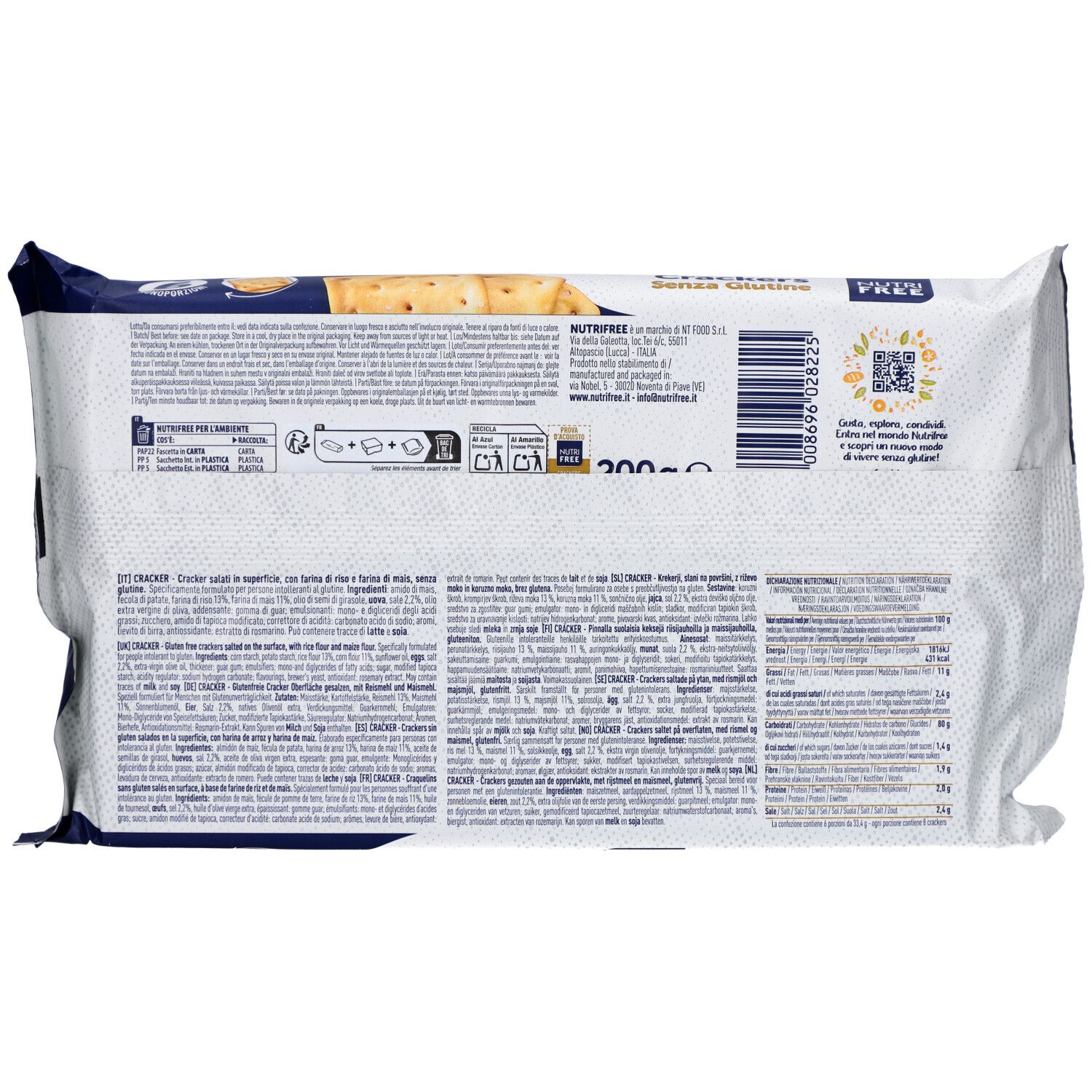 Dos du paquet de crackers NUTRIFREE. Texte avec informations nutritionnelles et ingrédients. Logo sans gluten.