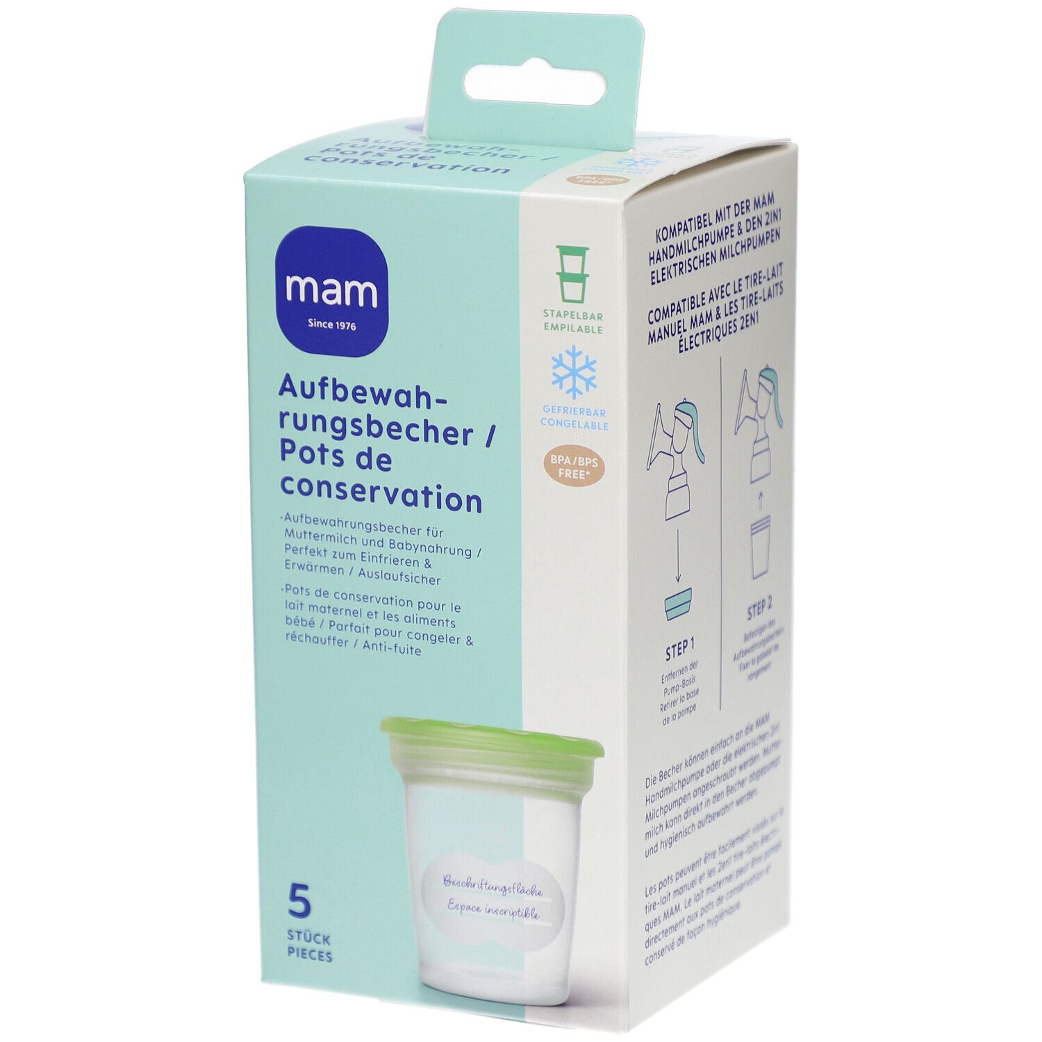 Verpackung mit MAM Aufbewahrungsbecher. 5 Stück. Grün-weiße Box mit Produktabbildung und Text. Stapelbar, BPA-frei.