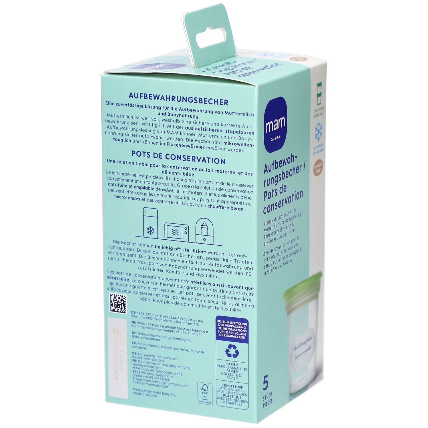 Rückseite der Verpackung mit Text. MAM Aufbewahrungsbecher Beschreibung. Informationen zur Aufbewahrung und Recycling.
