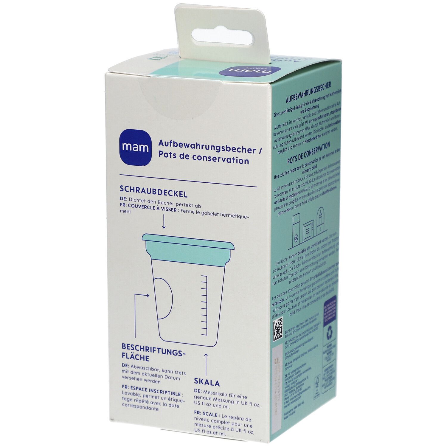 Verpackung mit MAM Aufbewahrungsbecher. Schraubdeckel-Illustration. Beschriftungsfläche und Skala. Text in Deutsch und Französisch.