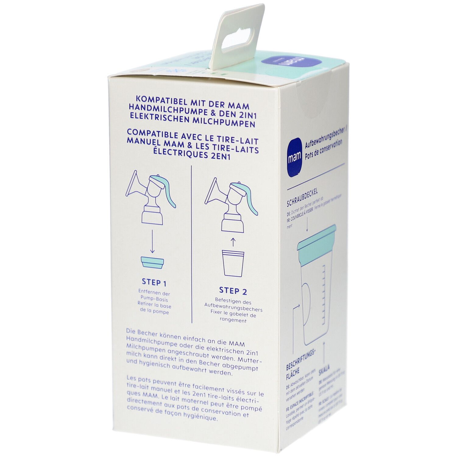 Verpackung mit MAM Aufbewahrungsbecher. Illustrationen zur Kompatibilität mit Milchpumpen. Text in Deutsch und Französisch.