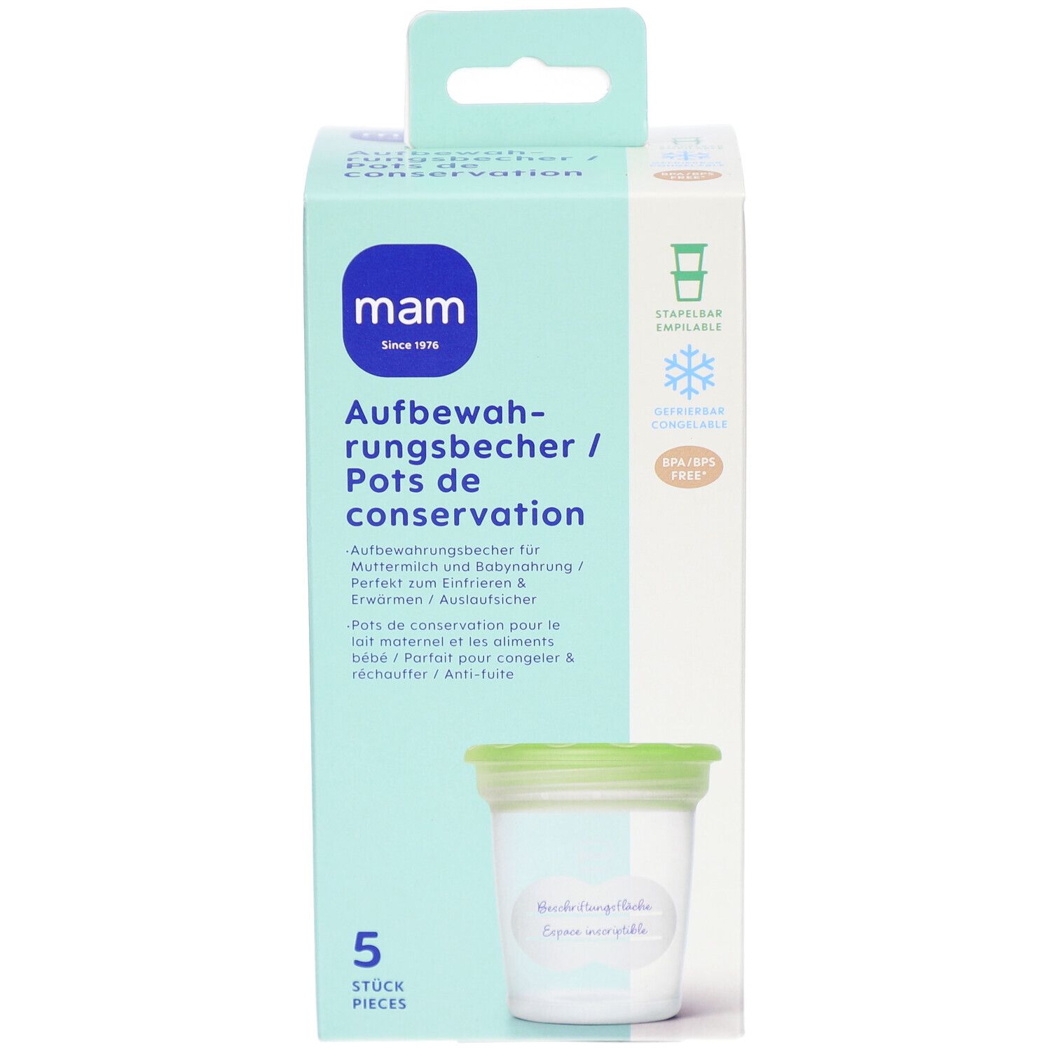Verpackung mit MAM Aufbewahrungsbecher. 5 Stück. Grün-weiße Box mit Produktabbildung und Text. Stapelbar, BPA-frei.