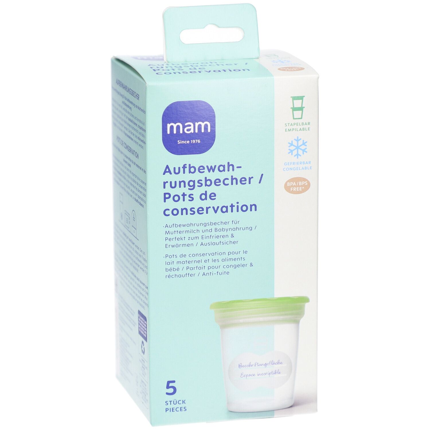Verpackung mit MAM Aufbewahrungsbecher. 5 Stück. Grün-weiße Box mit Produktabbildung und Text. Stapelbar, BPA-frei.