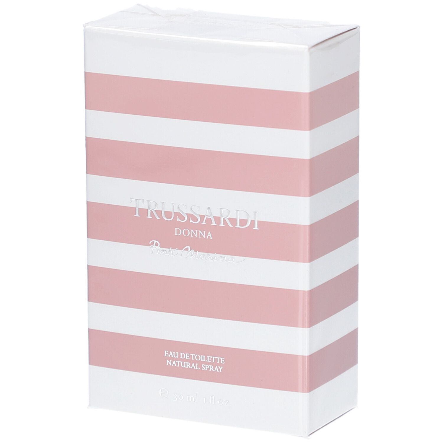 Boîte blanche à rayures roses. Inscription: Trussardi Donna Eau de Toilette Natural Spray.