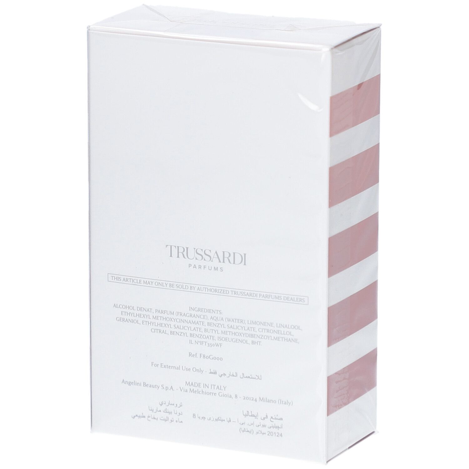 Dos de la boîte blanche à rayures roses. Inscription: Trussardi Parfums, ingrédients, Made in Italy.