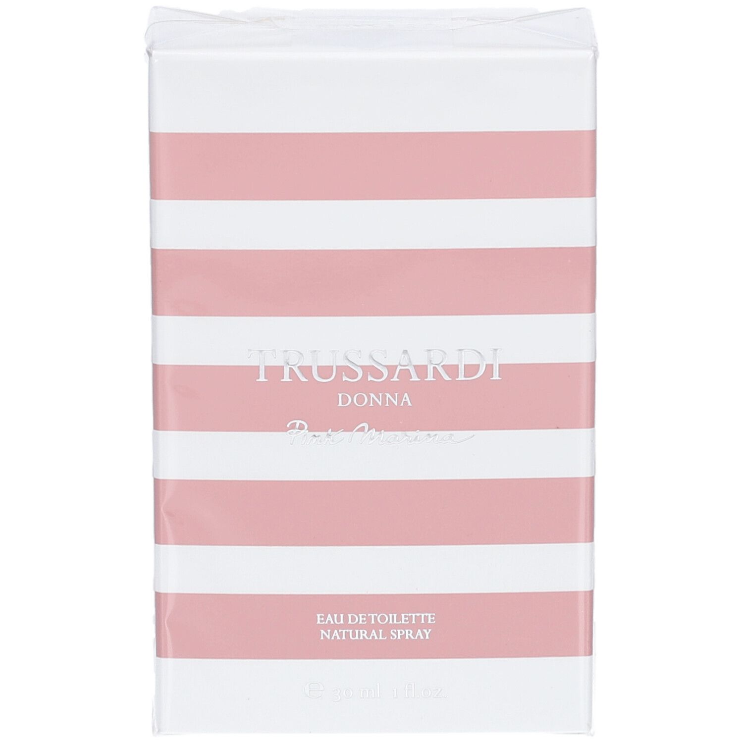 Boîte blanche à rayures roses. Inscription: Trussardi Donna Eau de Toilette Natural Spray.