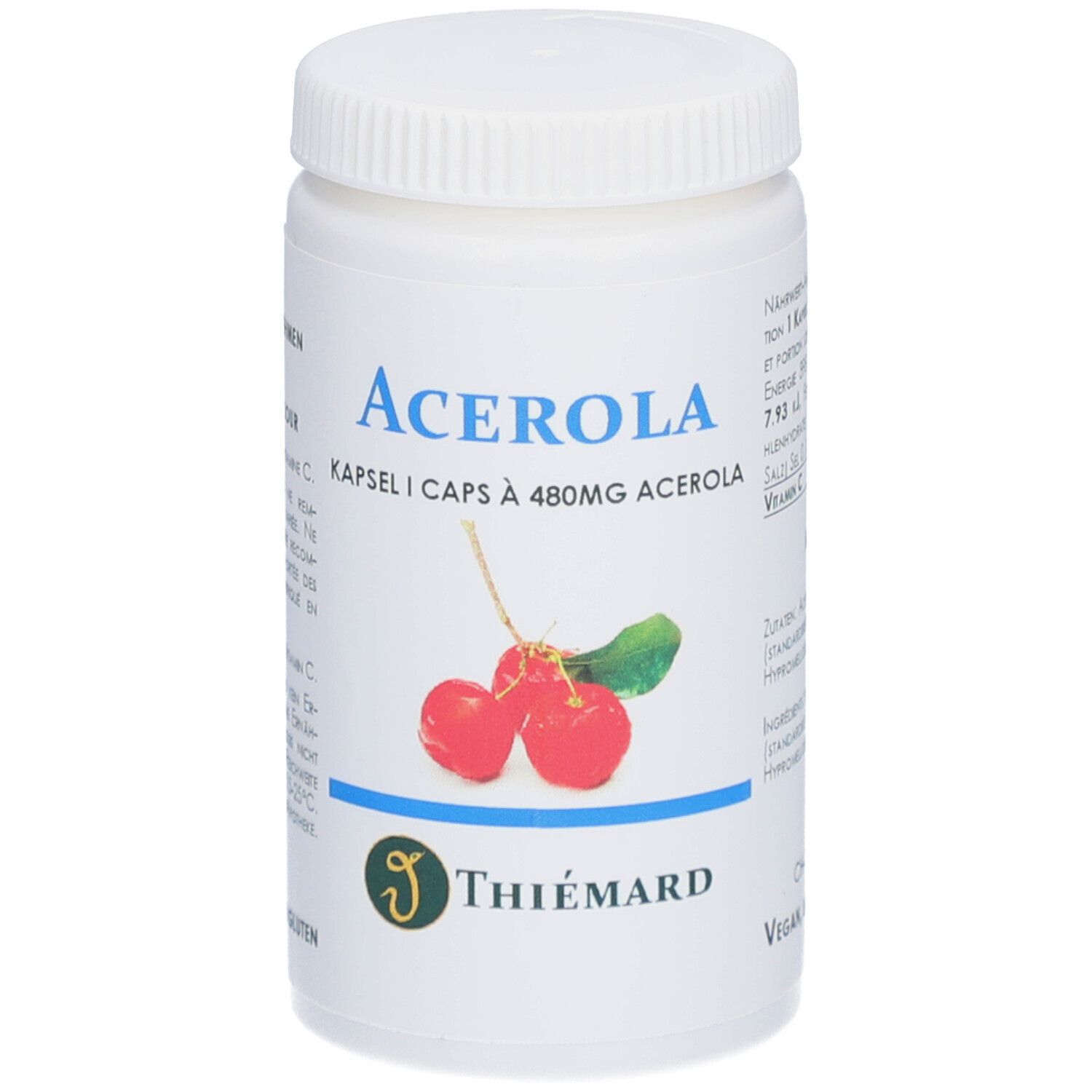 Weiße Dose mit Schraubverschluss. Aufschrift Acerola, Kirsch-Illustration, Marke Thiemard. Kapseln à 480mg.