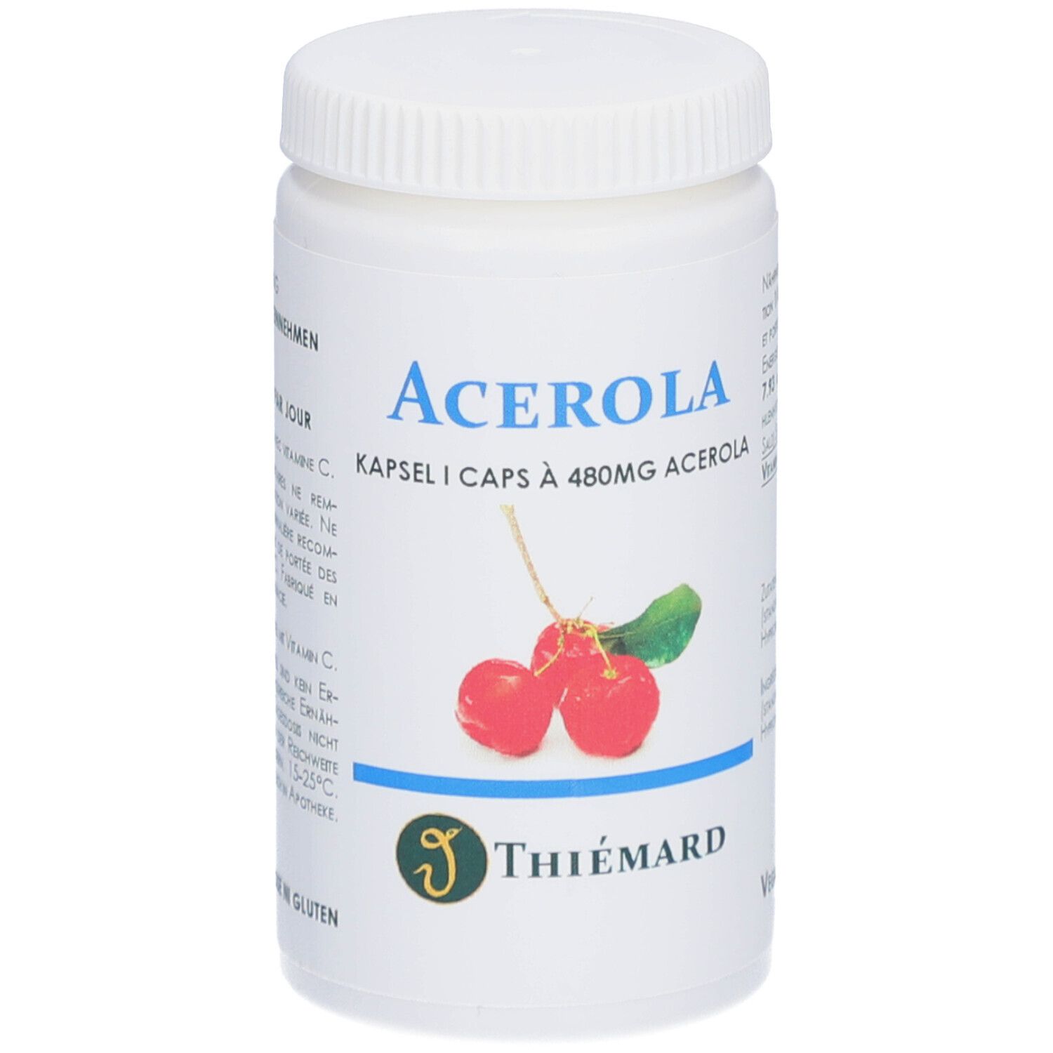 Weiße Dose mit Schraubverschluss. Aufschrift Acerola, Kirsch-Illustration, Marke Thiemard. Kapseln à 480mg.