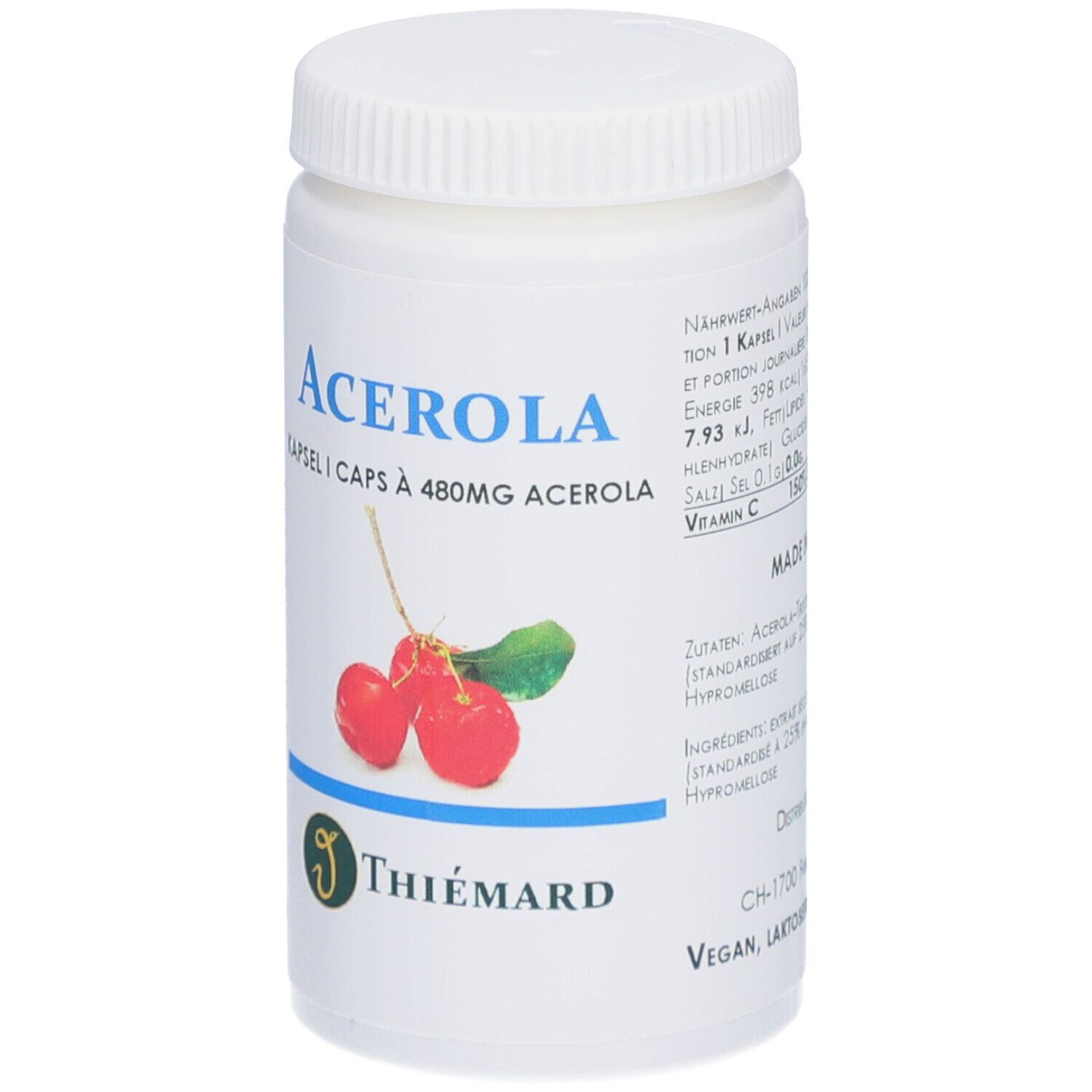 Weiße Dose mit Schraubverschluss. Aufschrift Acerola, Kirsch-Illustration, Marke Thiemard. Kapseln à 480mg.