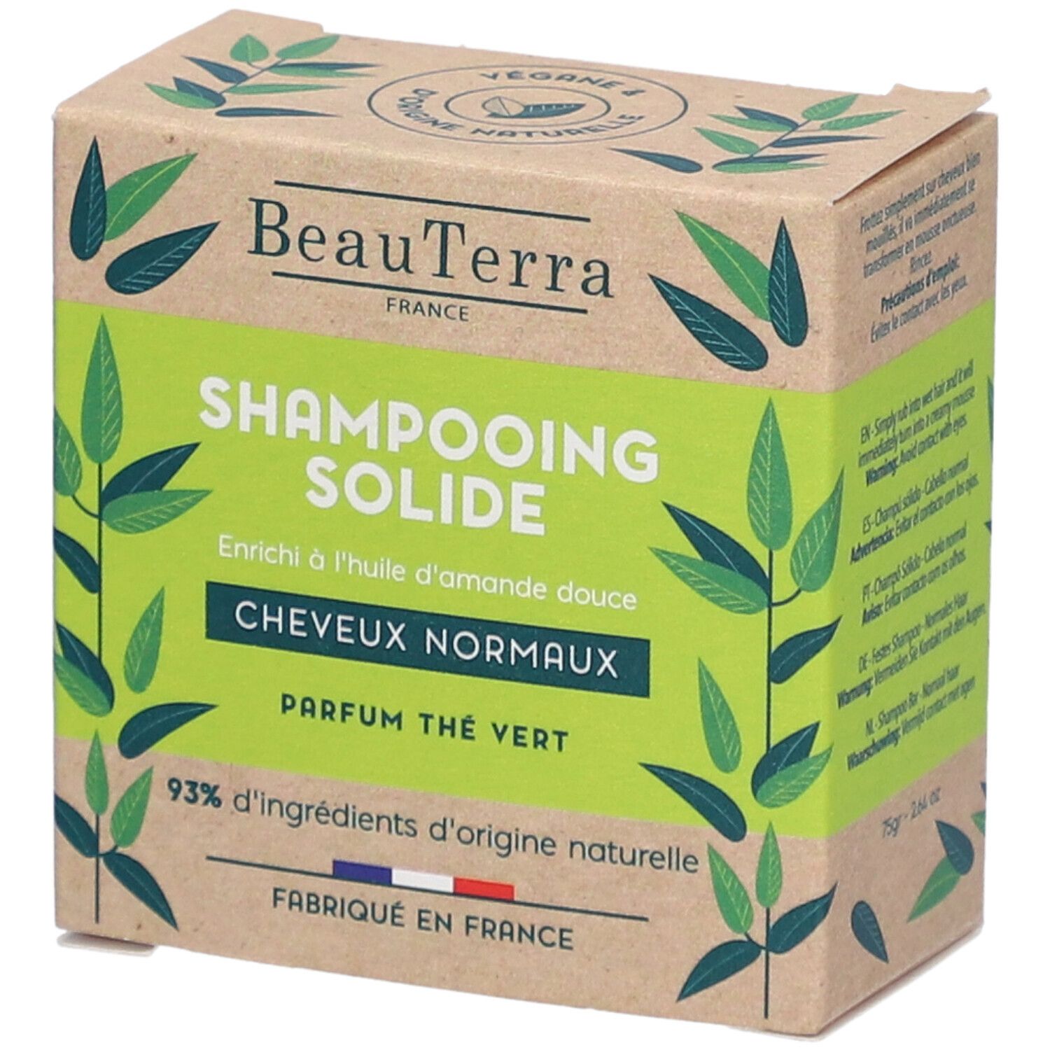 Kartonverpackung mit grünem Etikett. Aufschrift: BeauTerra, Shampooing Solide, Cheveux Normaux, Parfum Thé Vert. 93% natürliche Inhaltsstoffe.