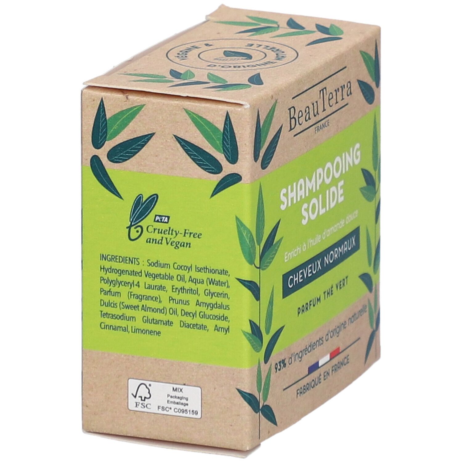 Kartonverpackung mit grünem Etikett. Aufschrift: BeauTerra, Shampooing Solide, Cheveux Normaux, Parfum Thé Vert. Vegan und Cruelty-Free.