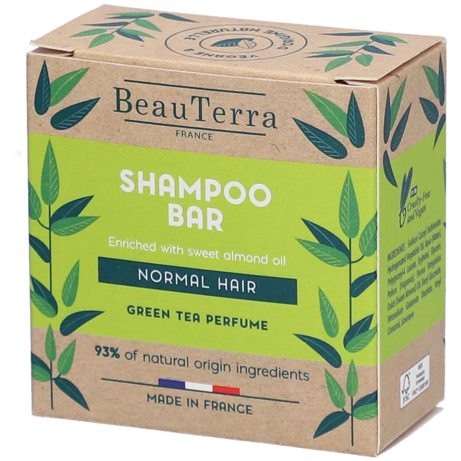 Kartonverpackung mit grünem Etikett. Aufschrift: BeauTerra, Shampoo Bar, Normal Hair, Green Tea Perfume. 93% natürliche Inhaltsstoffe.